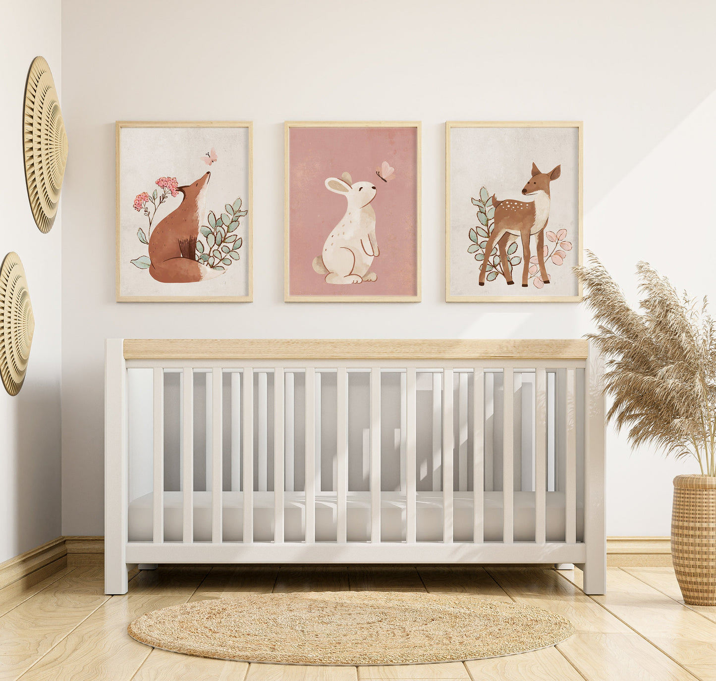 Set of 3 Pink & Cream Woodland Animal Girls Nursery Prints