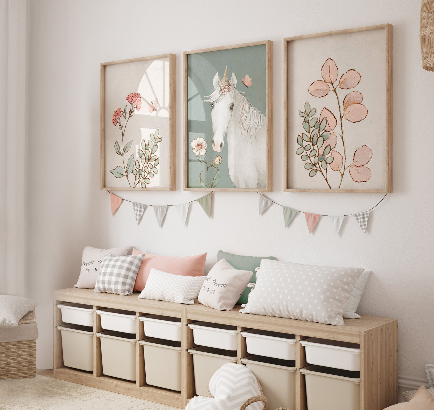 Set of 3 Girls Green Unicorn Bedroom Wall Prints