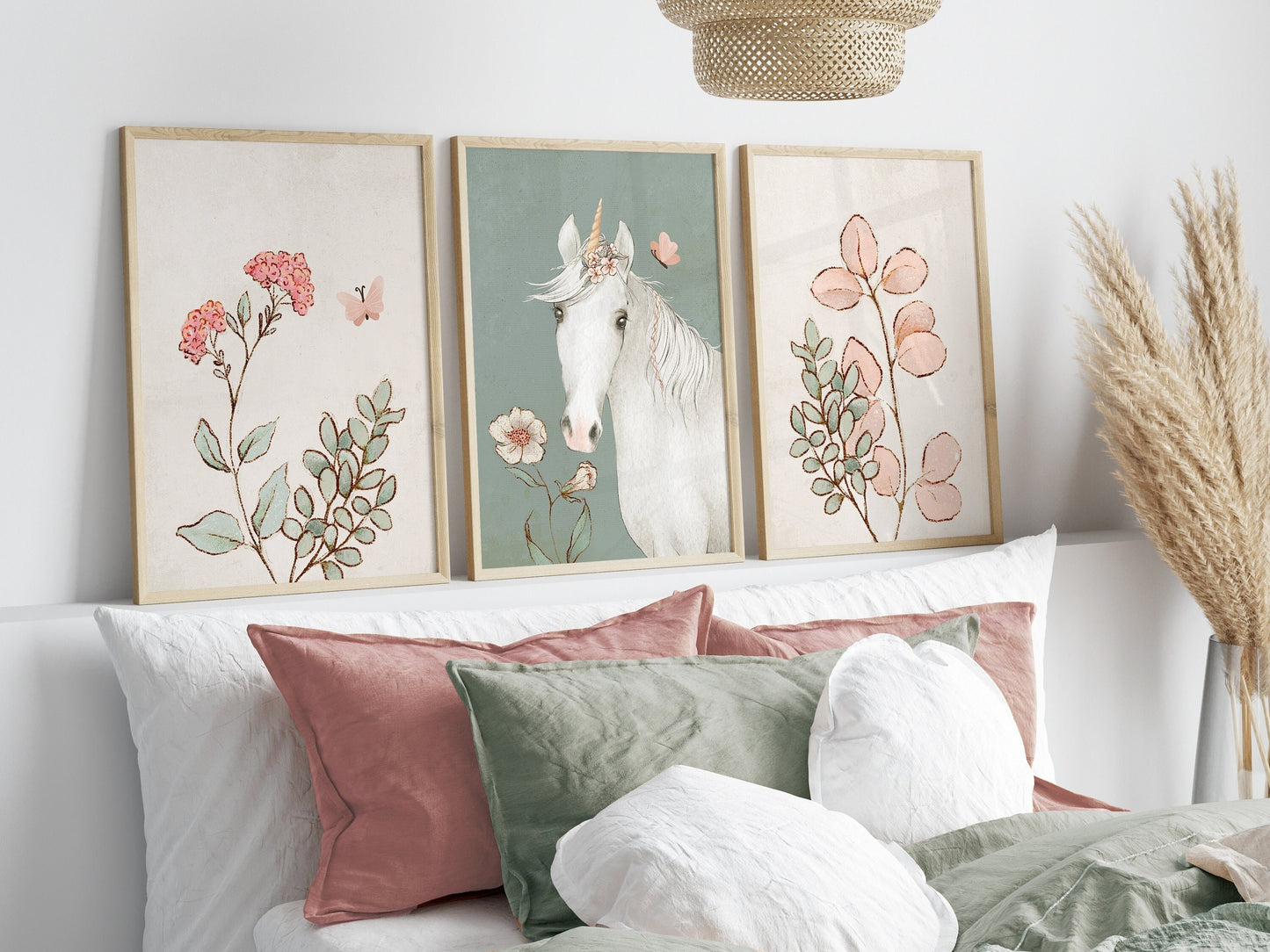 Set of 3 Girls Green Unicorn Bedroom Wall Prints