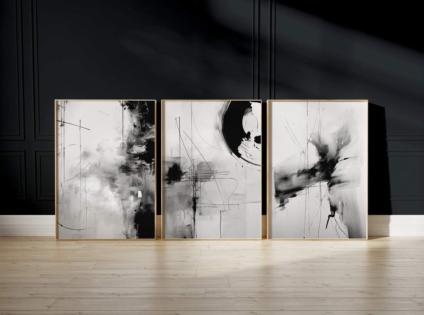 Set of 3 Grey & Black Abstract Wall Art Prints