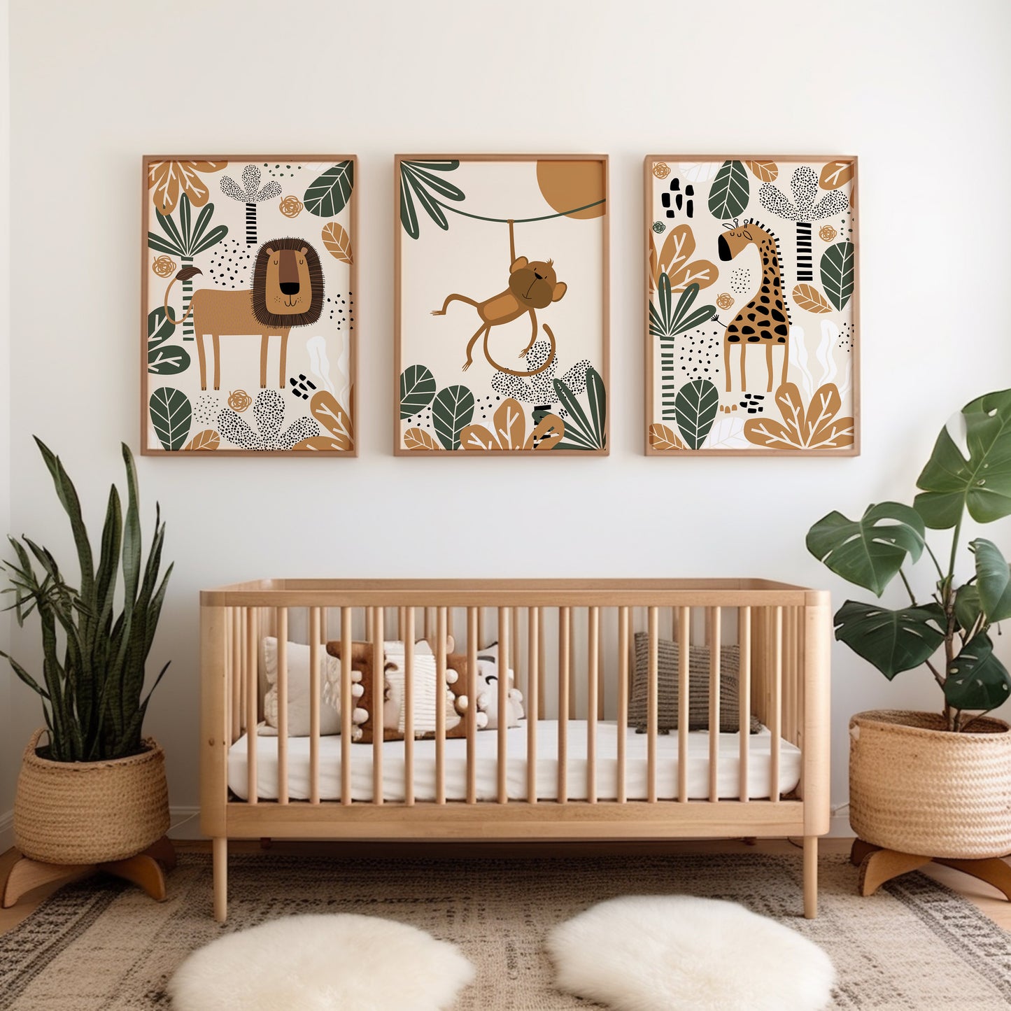 boys safari bedroom prints, lion, monkey and giraffe, the colours are green, orange and black. These come in a set of 3