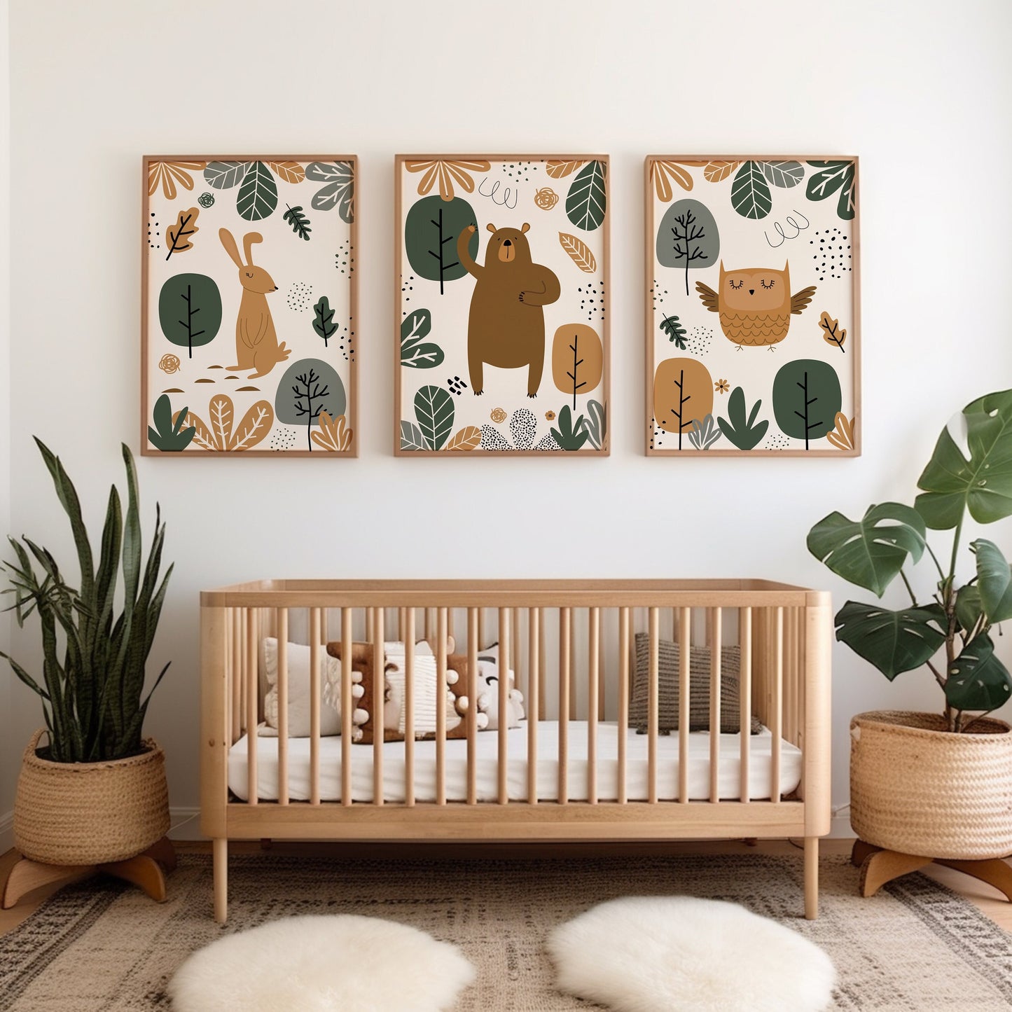 Set of 3 Green & Beige Woodland Nursery Wall Prints