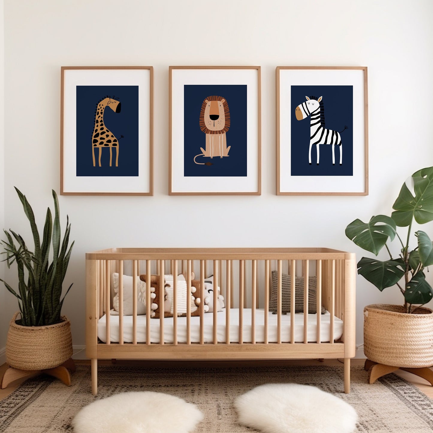 Set of 3 Navy Blue Safari Animal Nursery Wall Art Prints