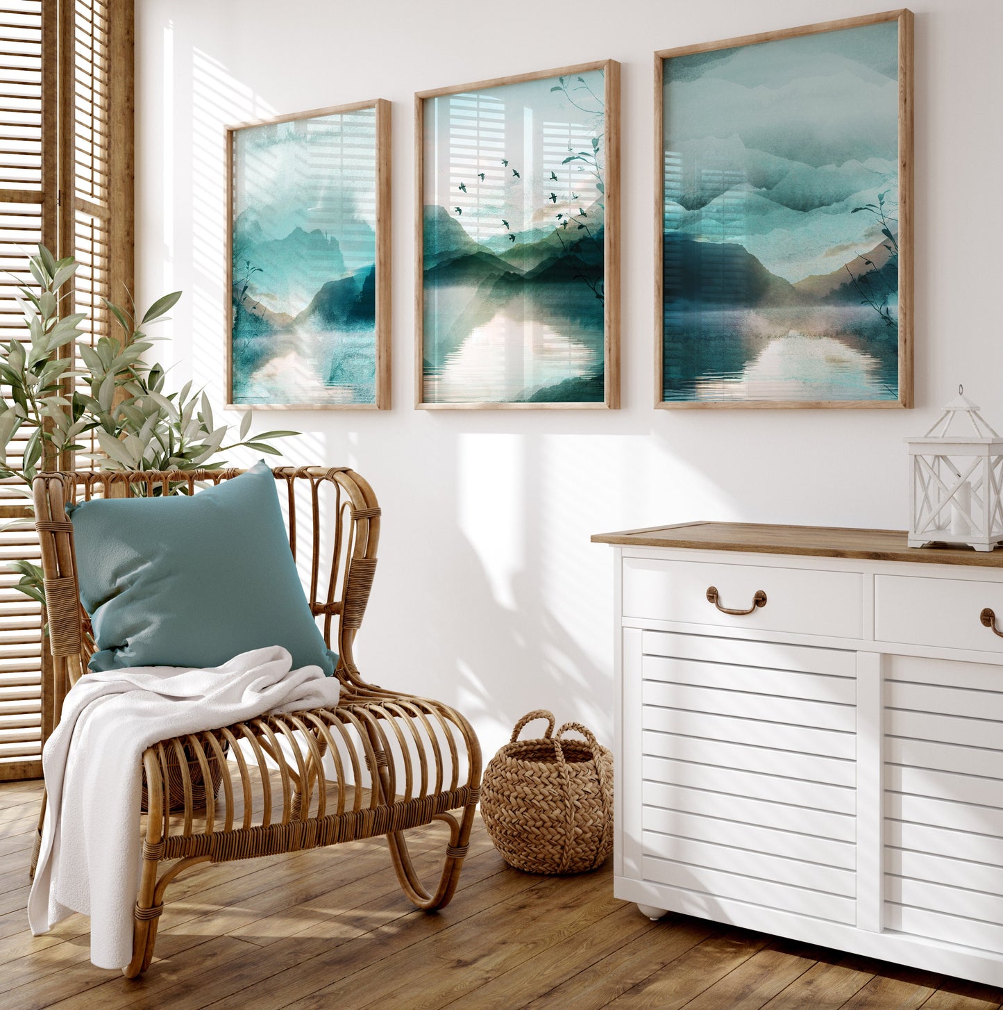 Set of 3 Teal Blue Watercolour Landscape Abstract Wall Prints