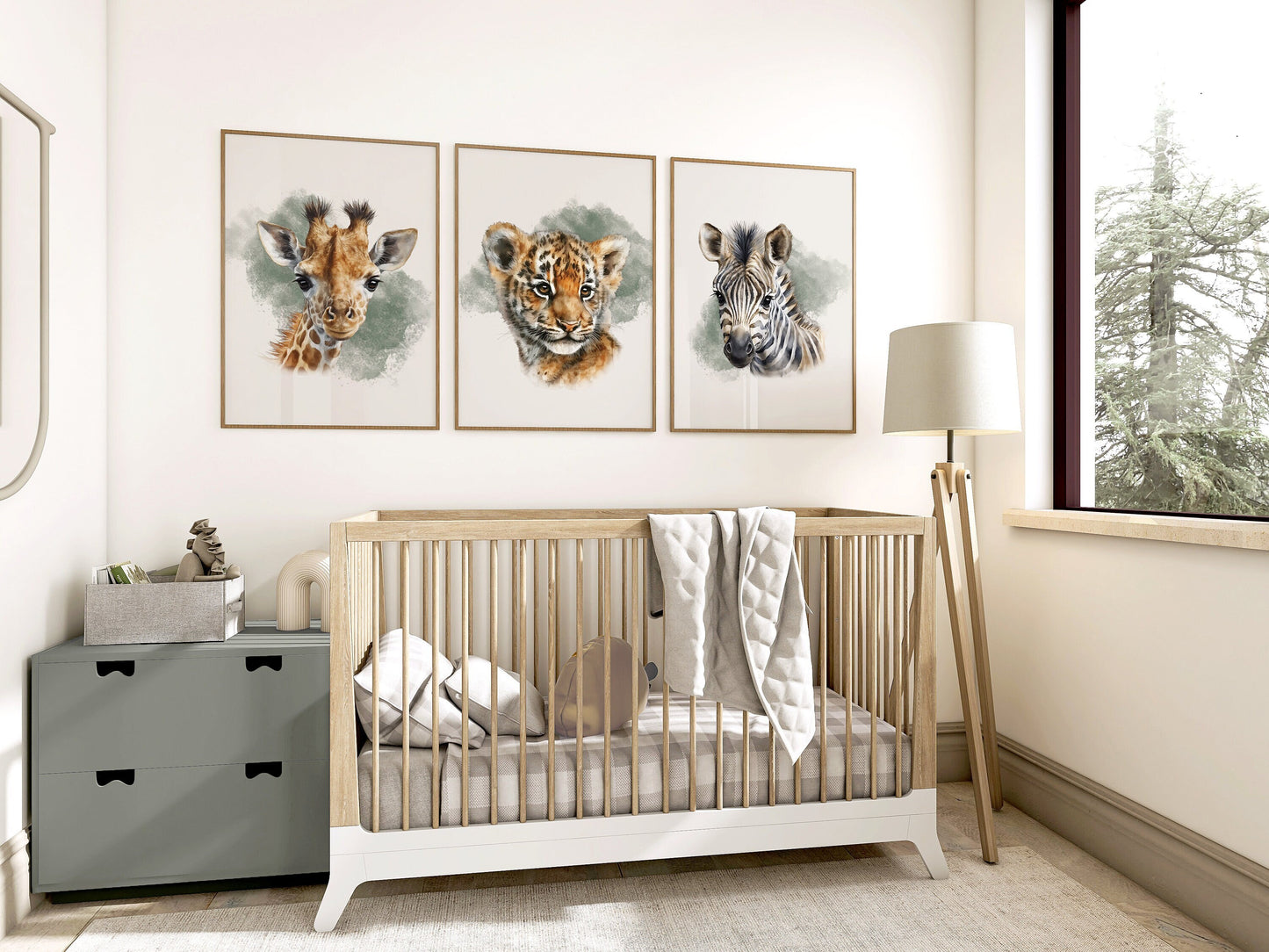 Set of 3 Green Safari Animal Boys bedroom Prints