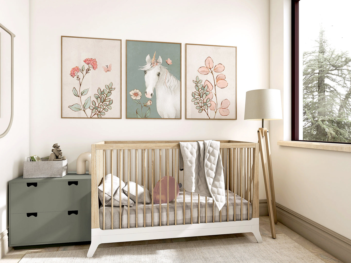 Set of 3 Girls Green Unicorn Bedroom Wall Prints