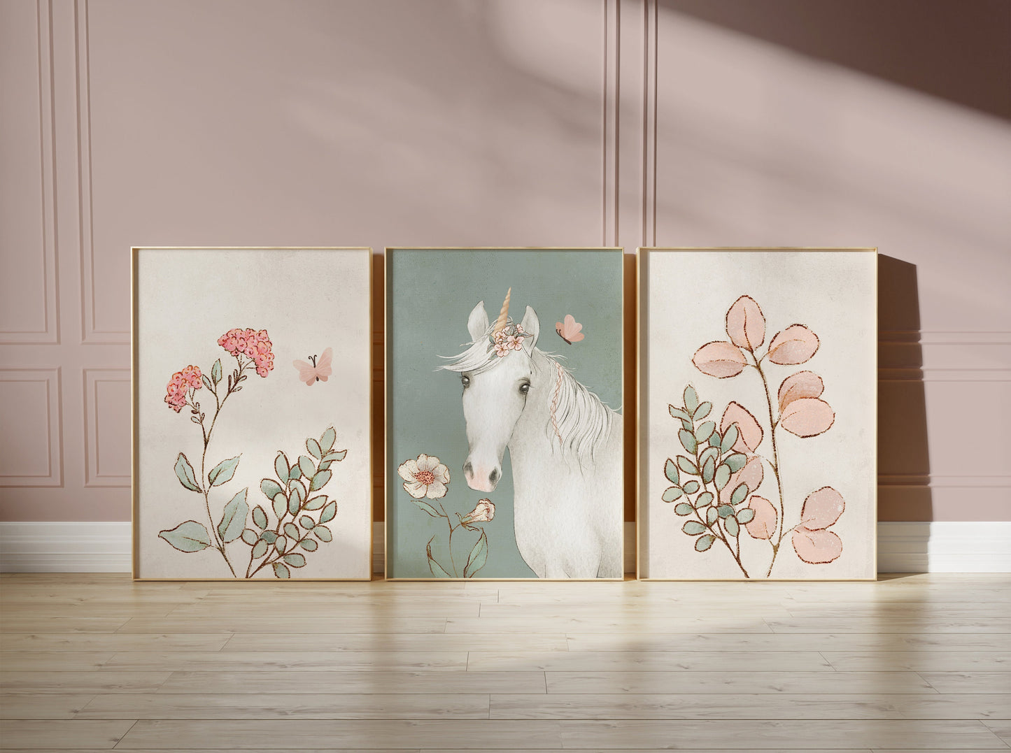 Set of 3 Girls Green Unicorn Bedroom Wall Prints