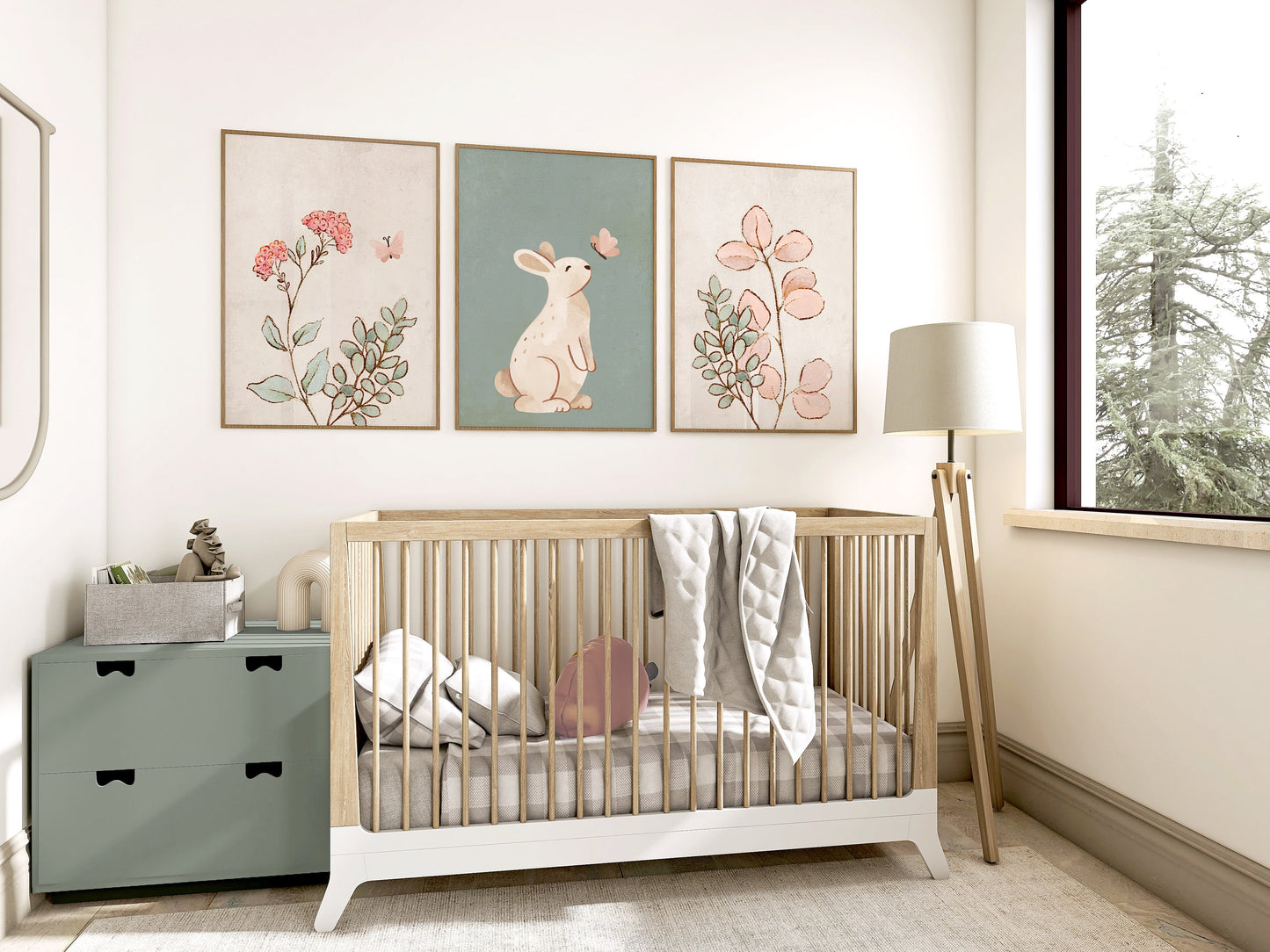 Set of 3 Sage Green Bunny Girls Nursery Wall Prints