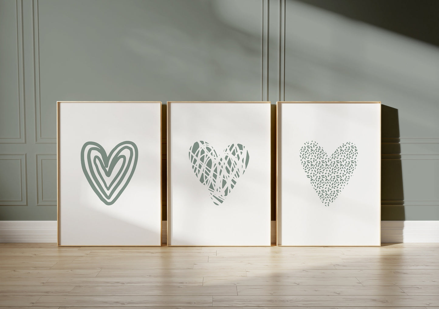 Set of 3 Sage Green Love Heart Wall Art Prints