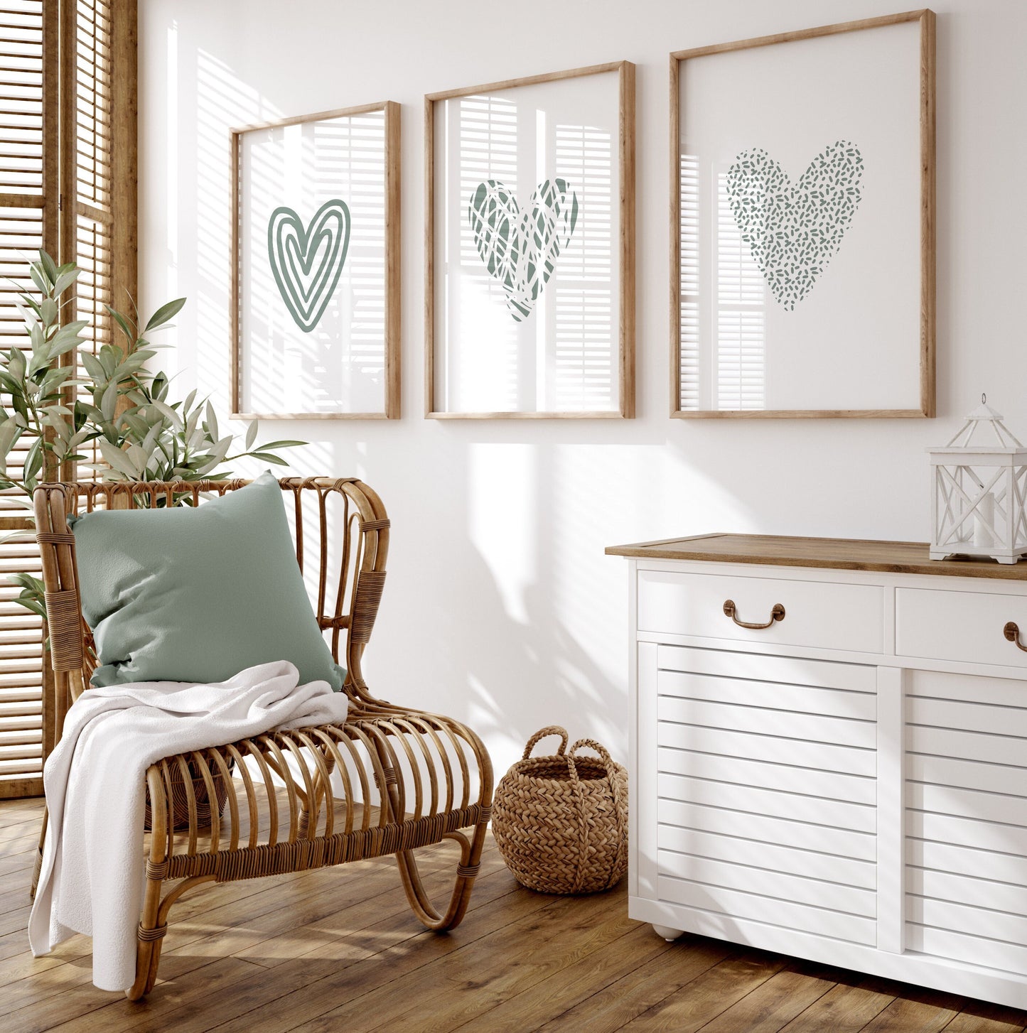 Set of 3 Sage Green Love Hearts Nursery Wall Prints