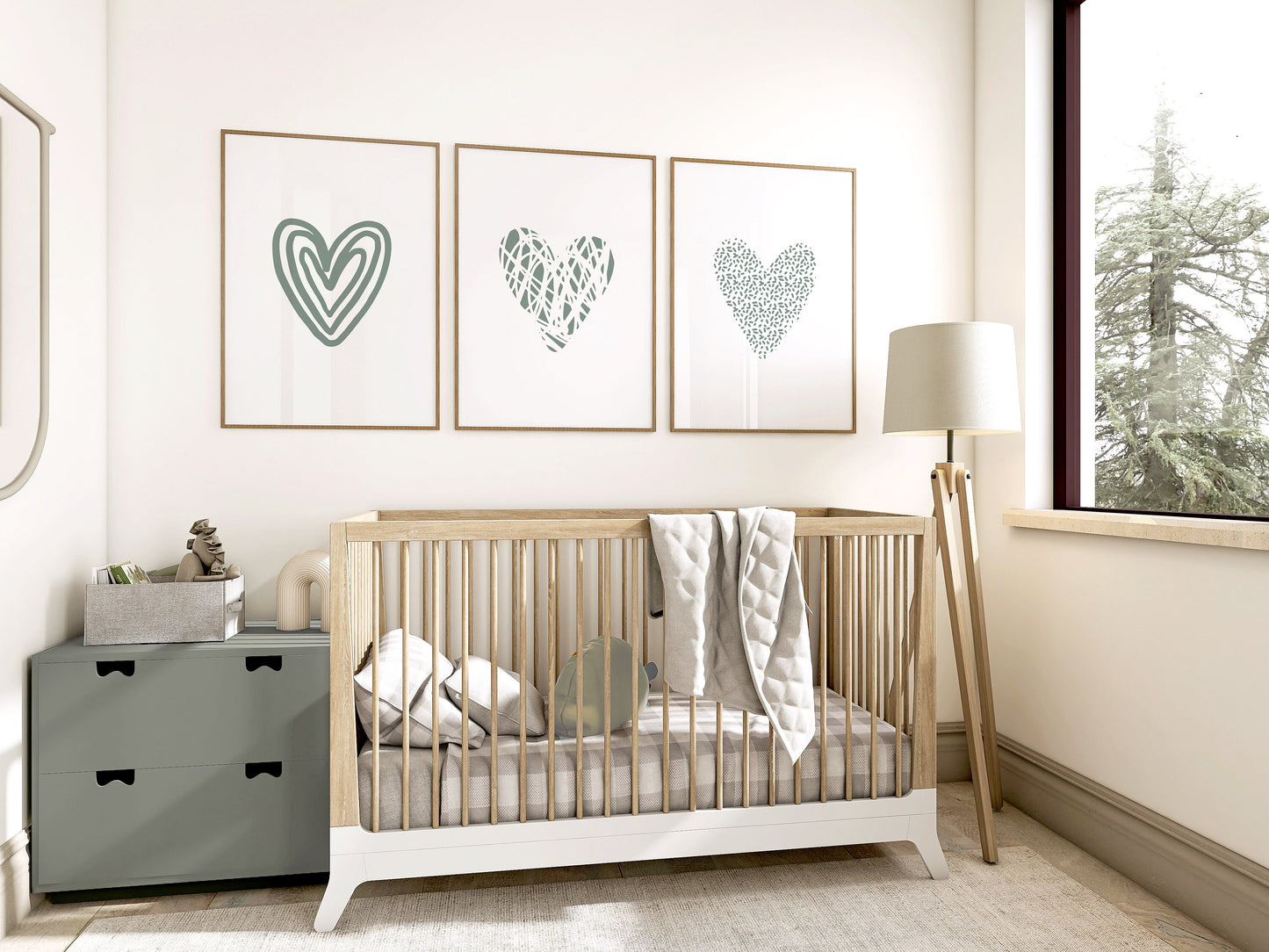 Set of 3 Sage Green Love Hearts Nursery Wall Prints