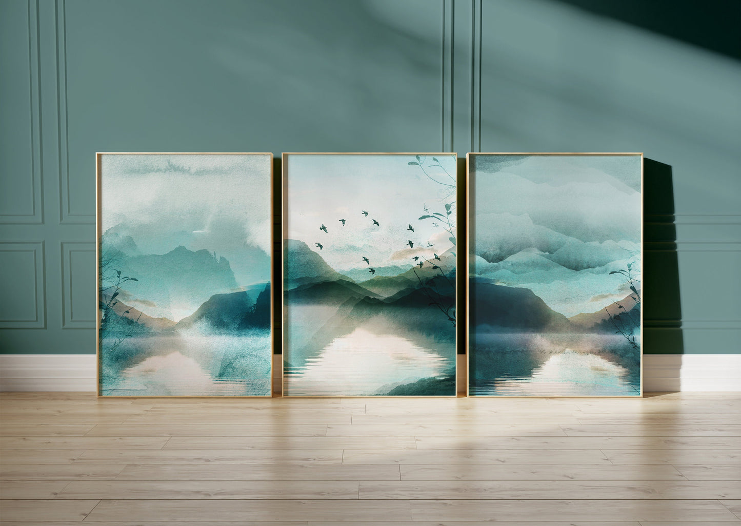 Set of 3 Teal Blue Watercolour Landscape Abstract Wall Prints