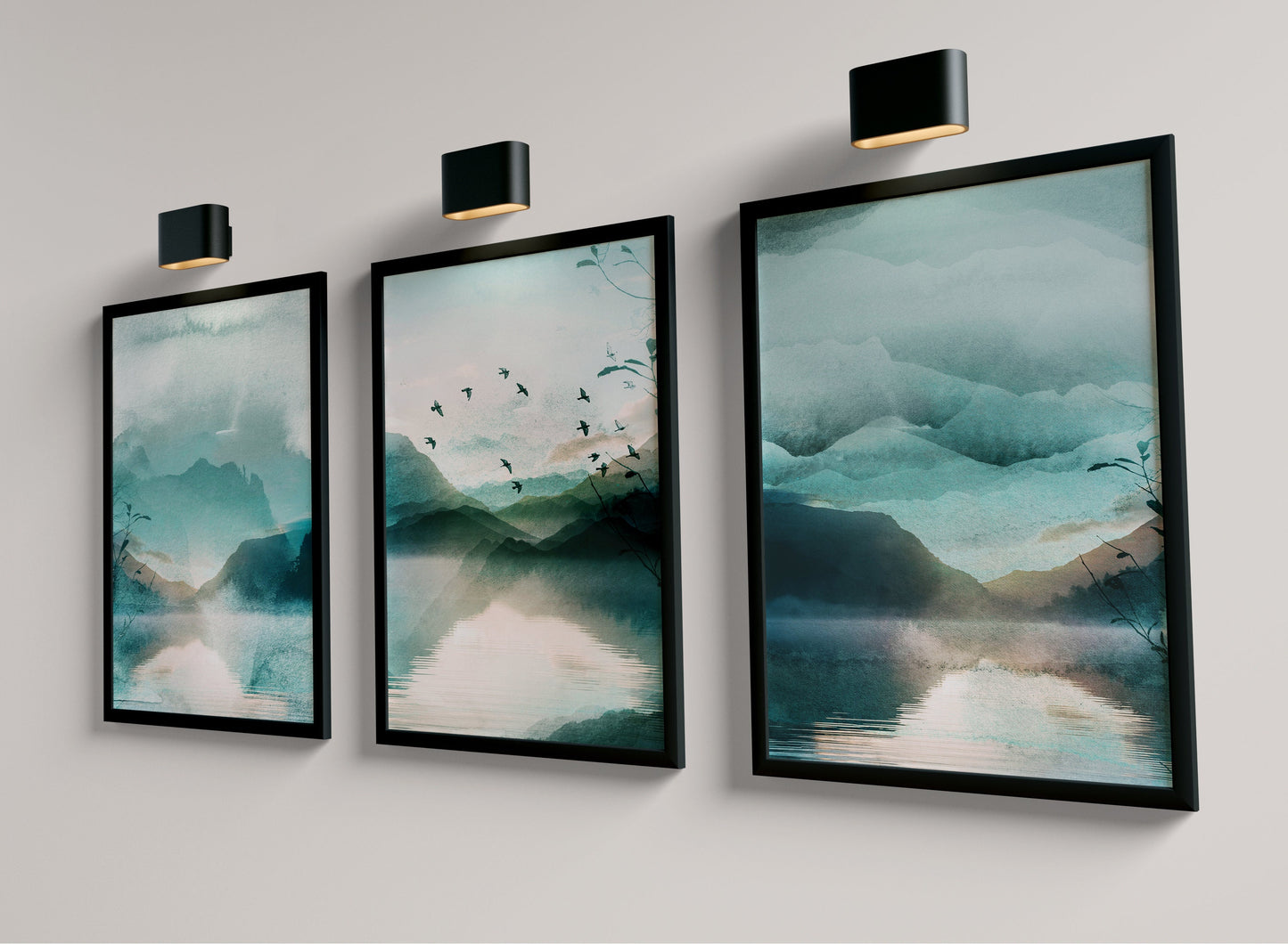 Set of 3 Teal Blue Watercolour Landscape Abstract Wall Prints