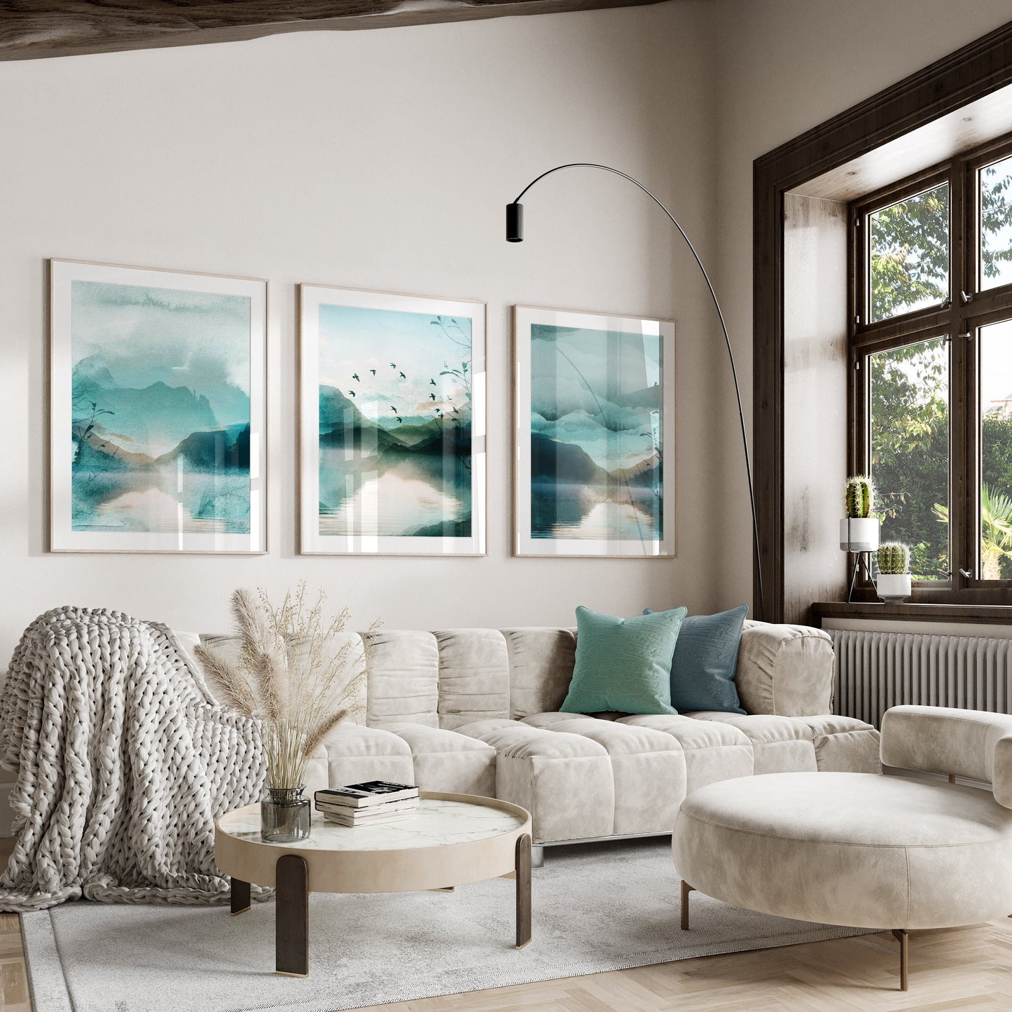 Set of 3 Teal Blue Watercolour Landscape Abstract Wall Prints