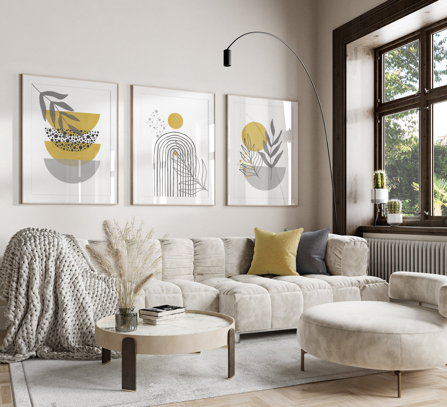 Set of 3 Grey & Yellow Boho Wall Prints