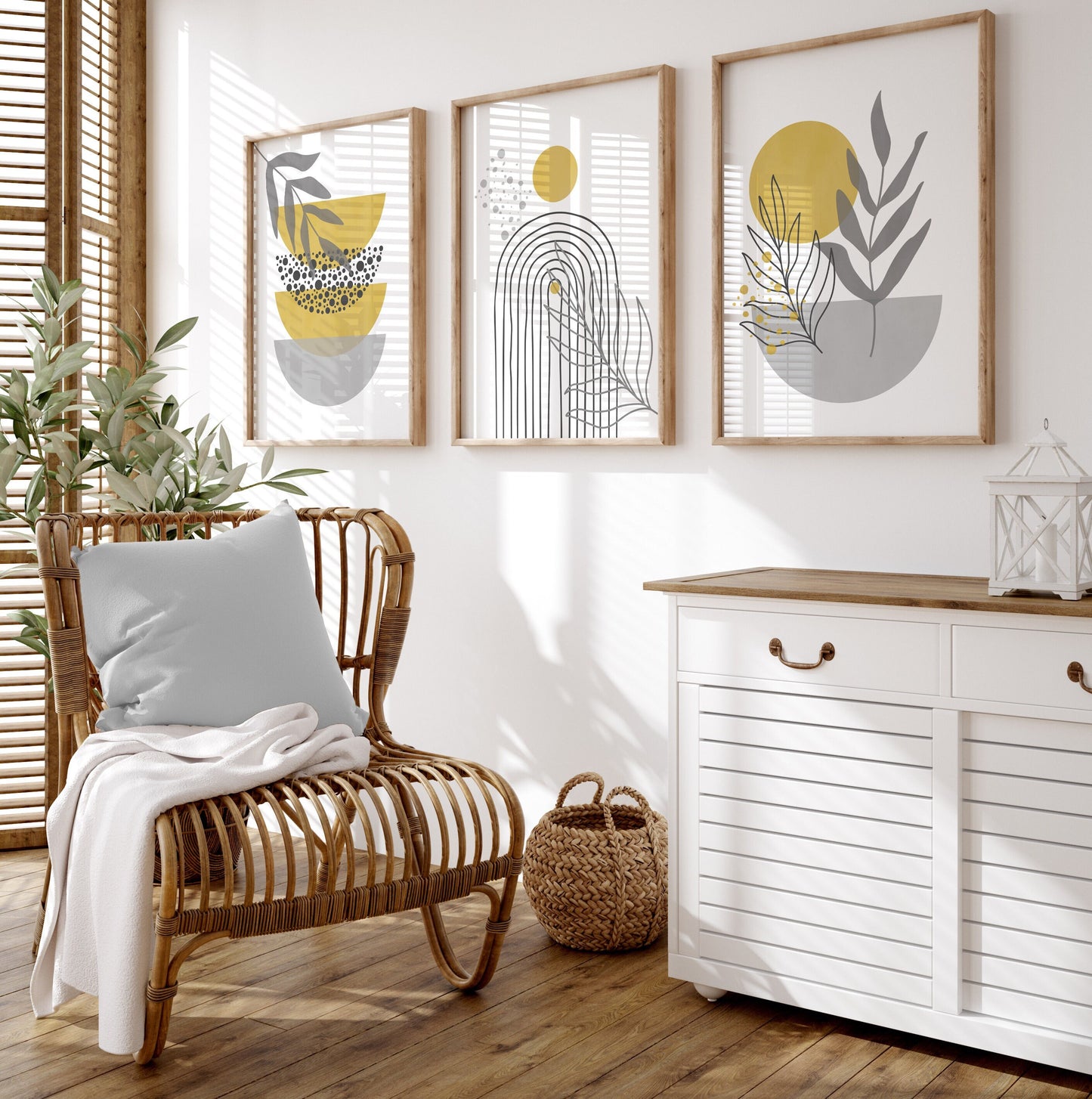 Set of 3 Grey & Yellow Boho Wall Prints