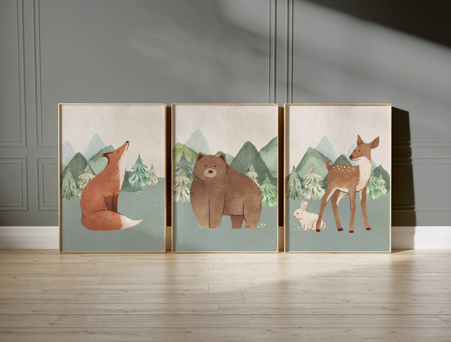 Set of 3 Sage Green Woodland Nursery Prints