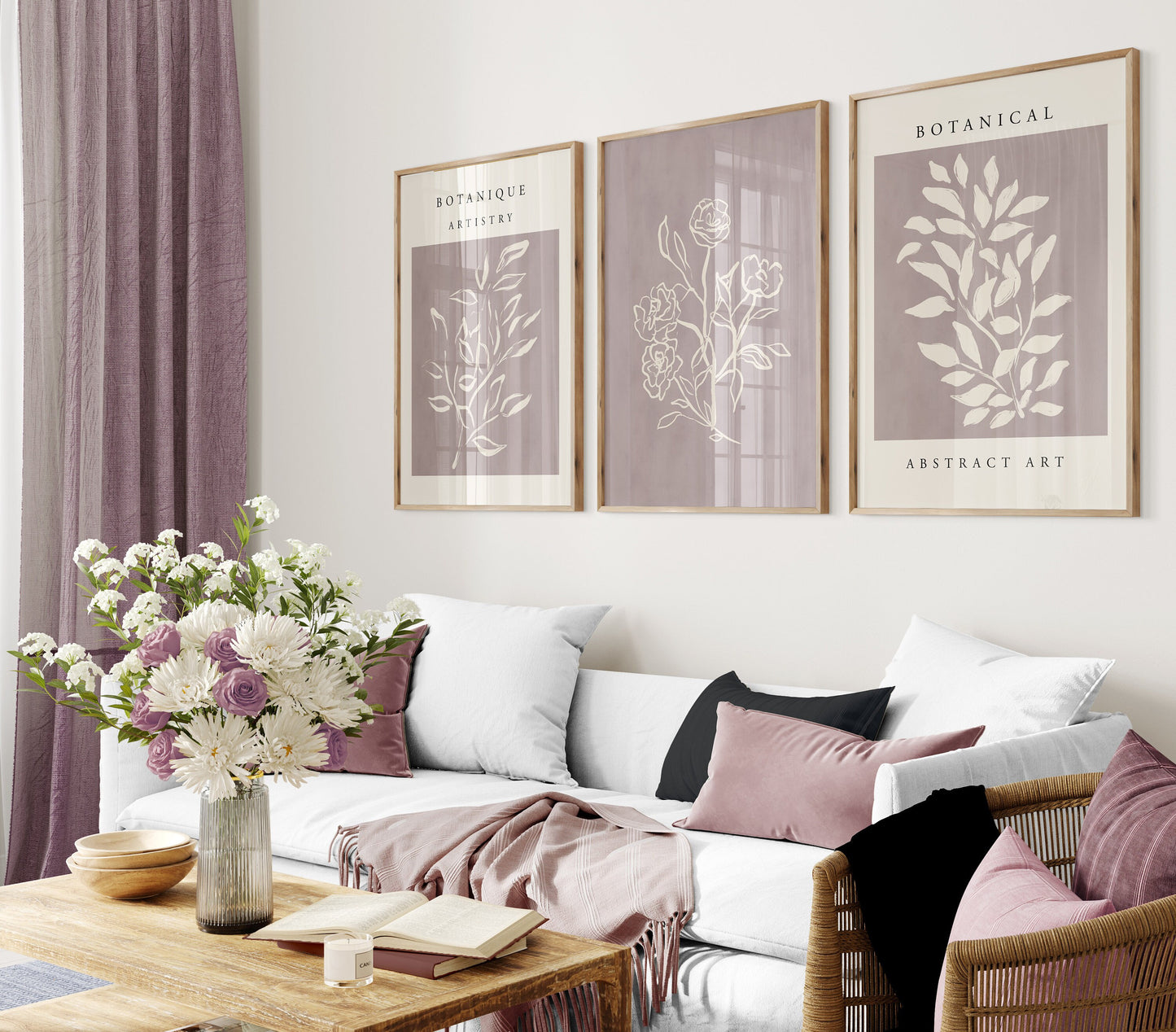 Set of 3 Mauve Pink Botanical Wall Art Prints