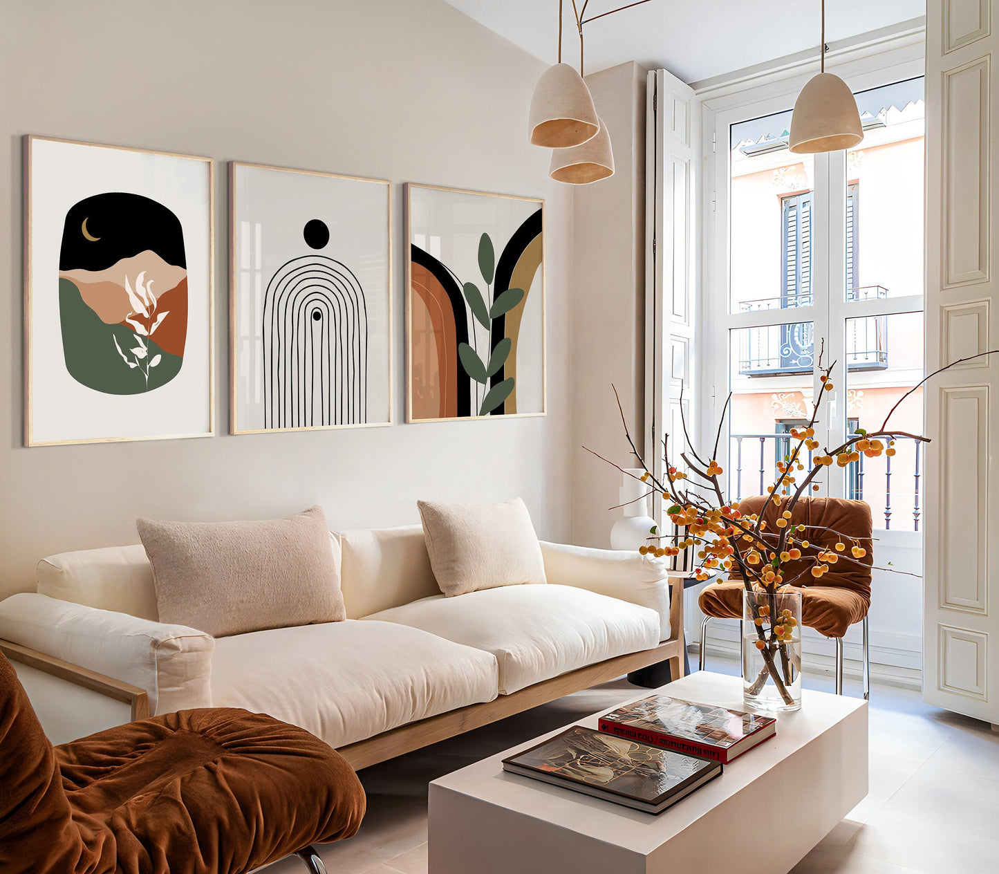 Set of 3 Terracotta & Green Boho Wall Prints