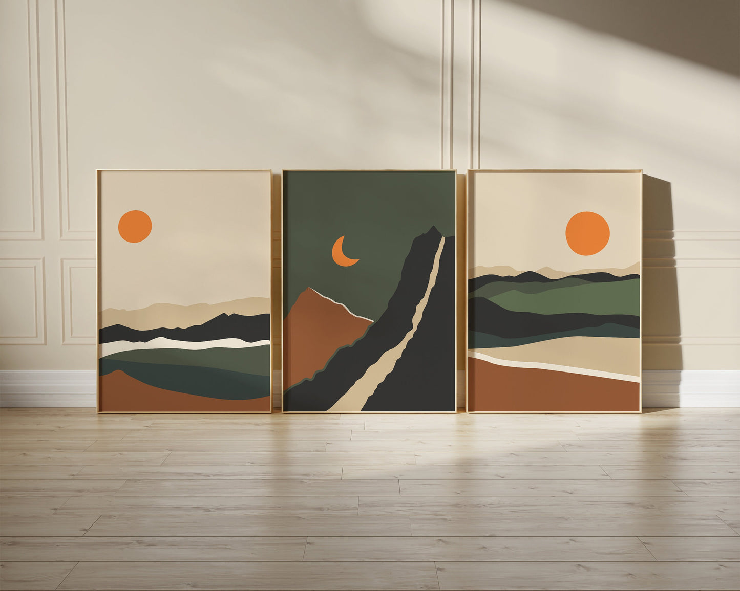 Set of 3 Green Boho Landscape Abstract Wall Prints