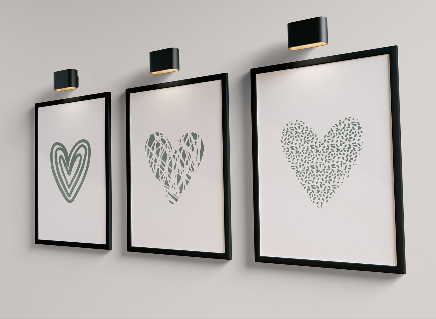 Set of 3 Sage Green Love Heart Wall Art Prints