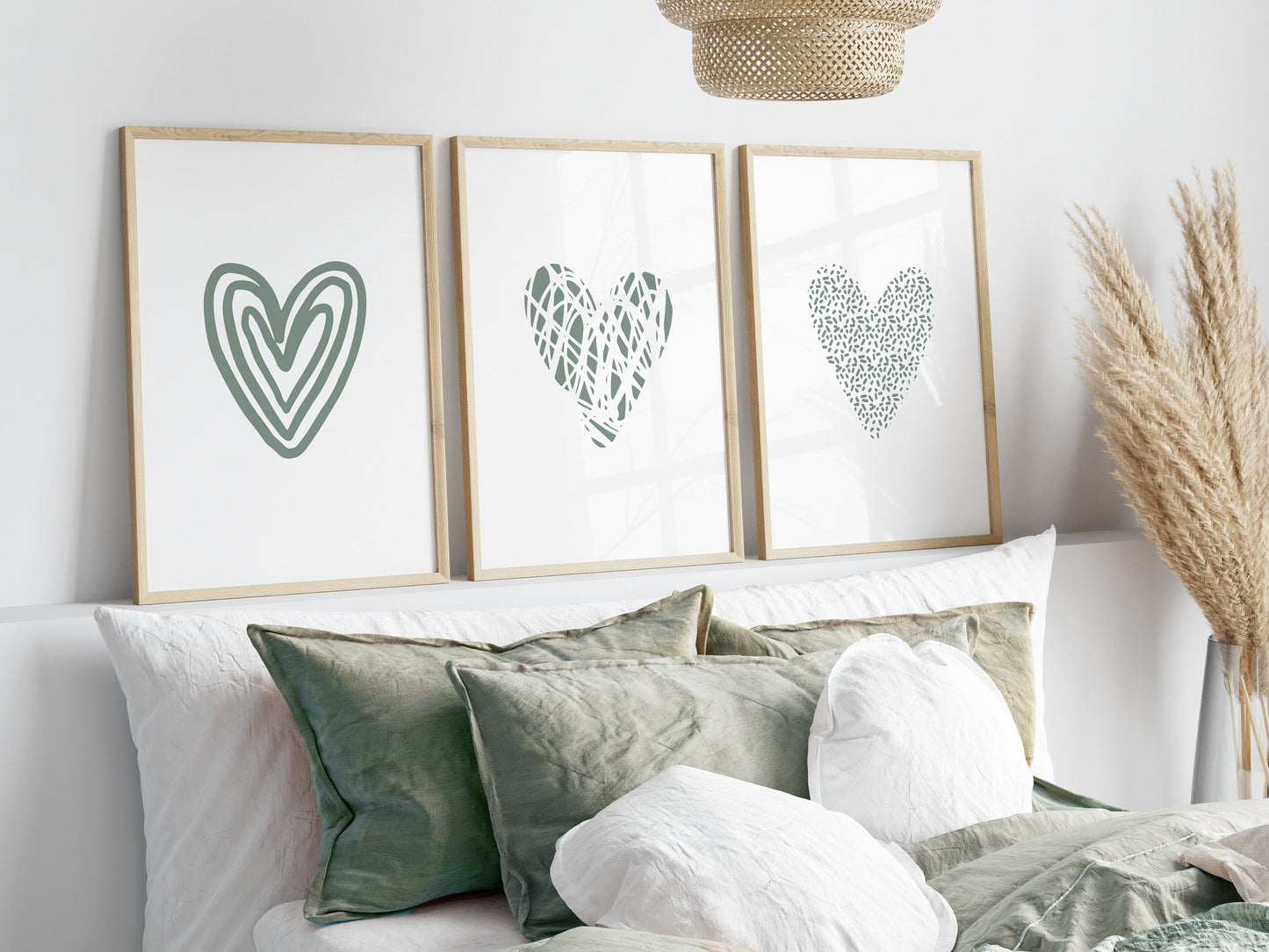 Set of 3 Sage Green Love Heart Wall Art Prints