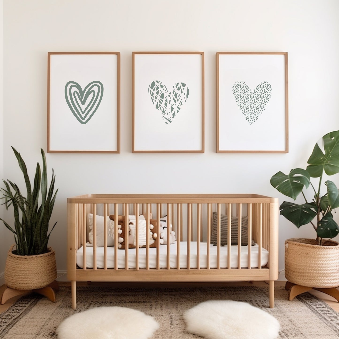 Set of 3 Sage Green Love Hearts Nursery Wall Prints