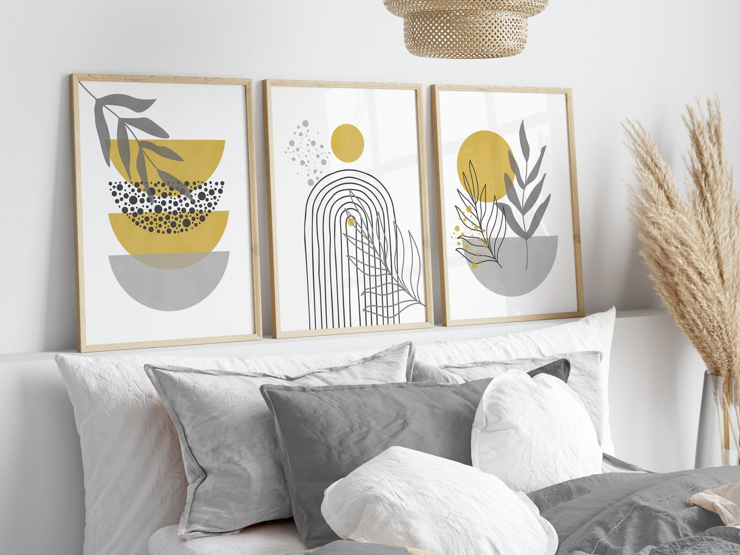 Set of 3 Grey & Yellow Boho Wall Prints