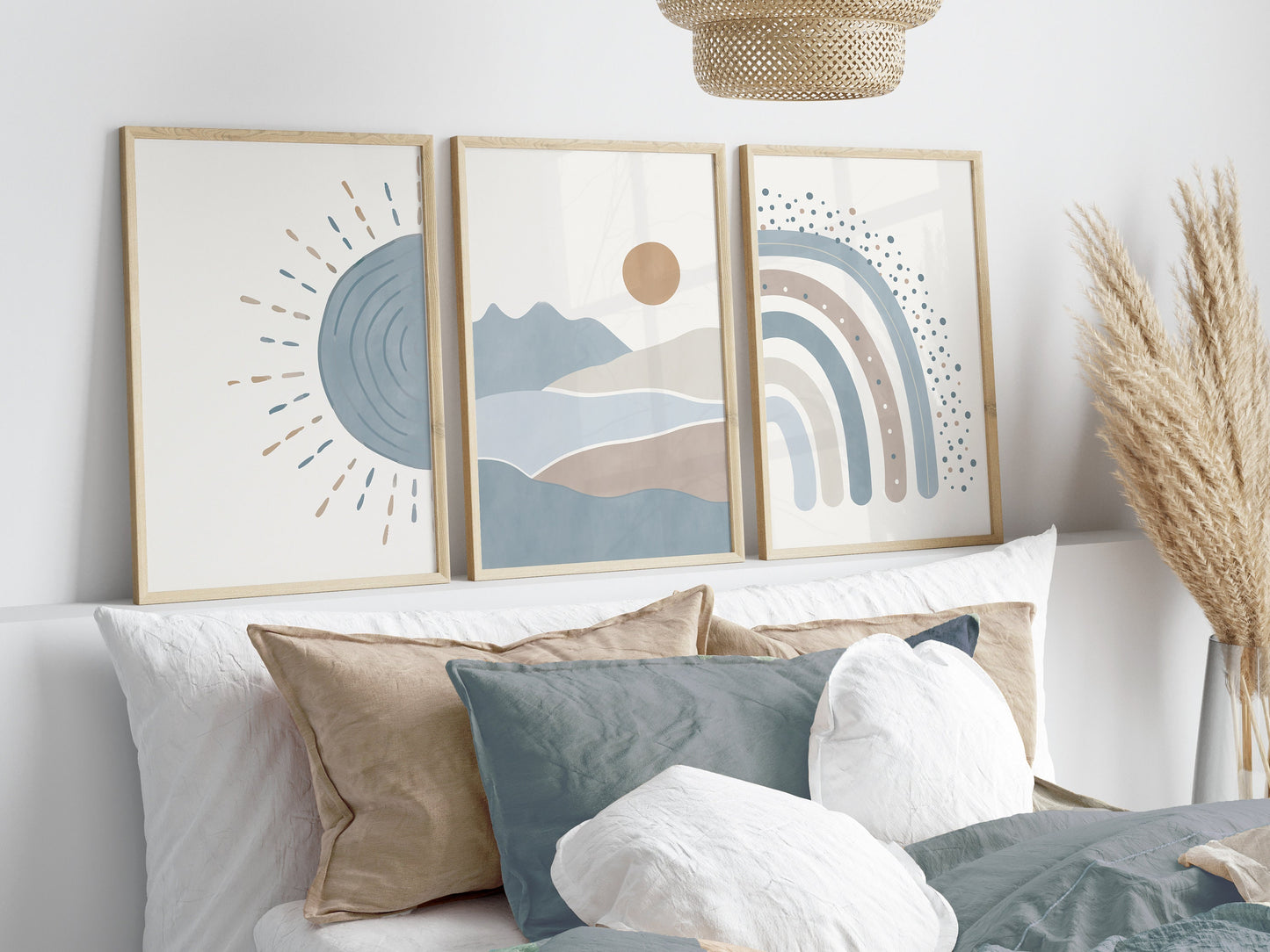 Set of 3 blue Boho Nursery Wall Prints