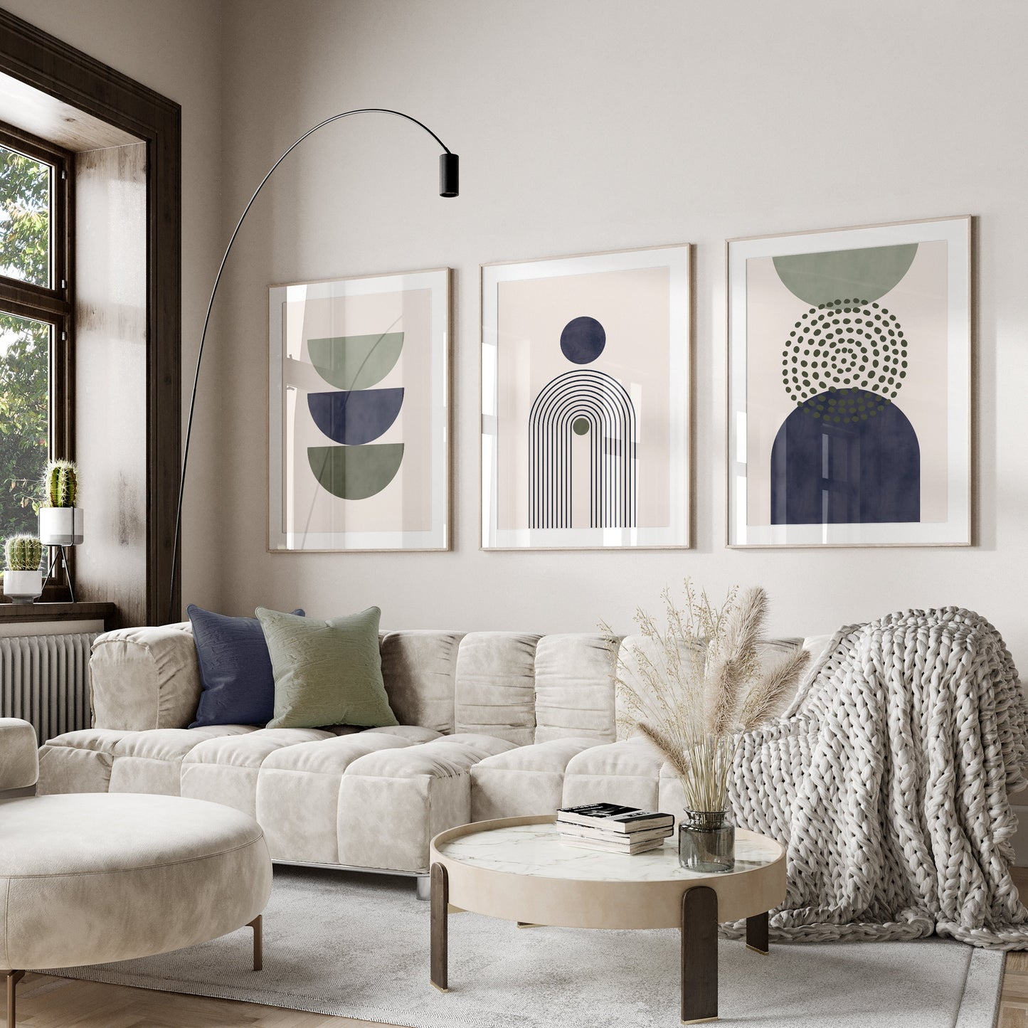 Set of 3 Green & Blue Boho Abstract Wall Art Prints