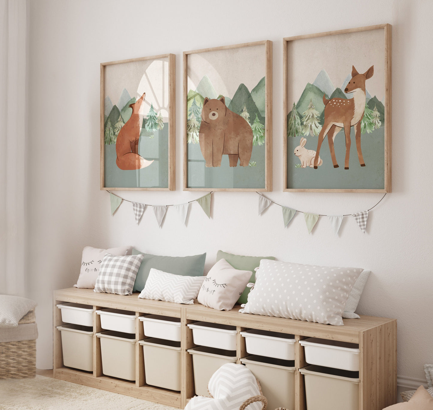 Set of 3 Sage Green Woodland Nursery Prints