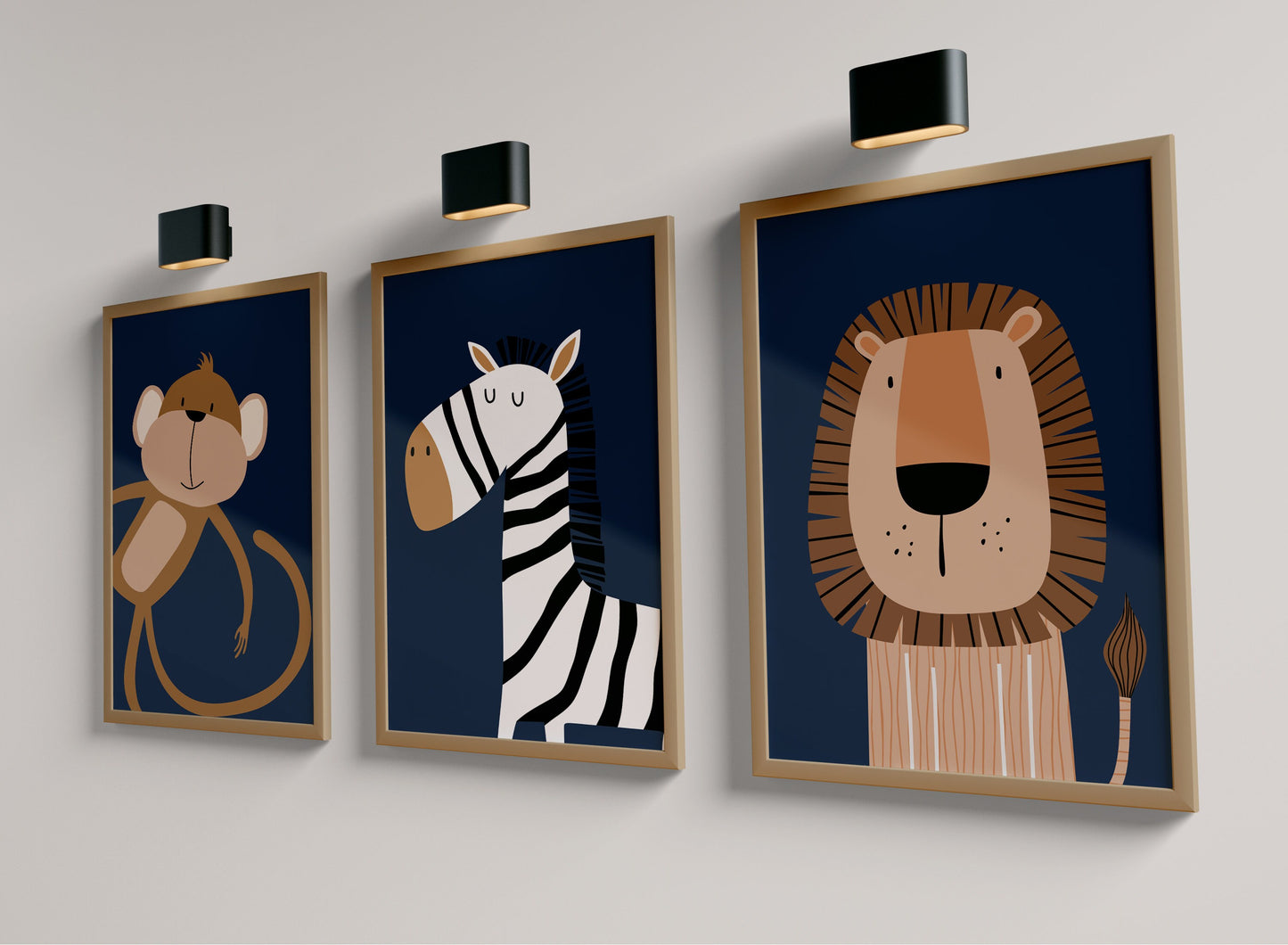 Set of 3 navy blue safari animal boys bedroom prints