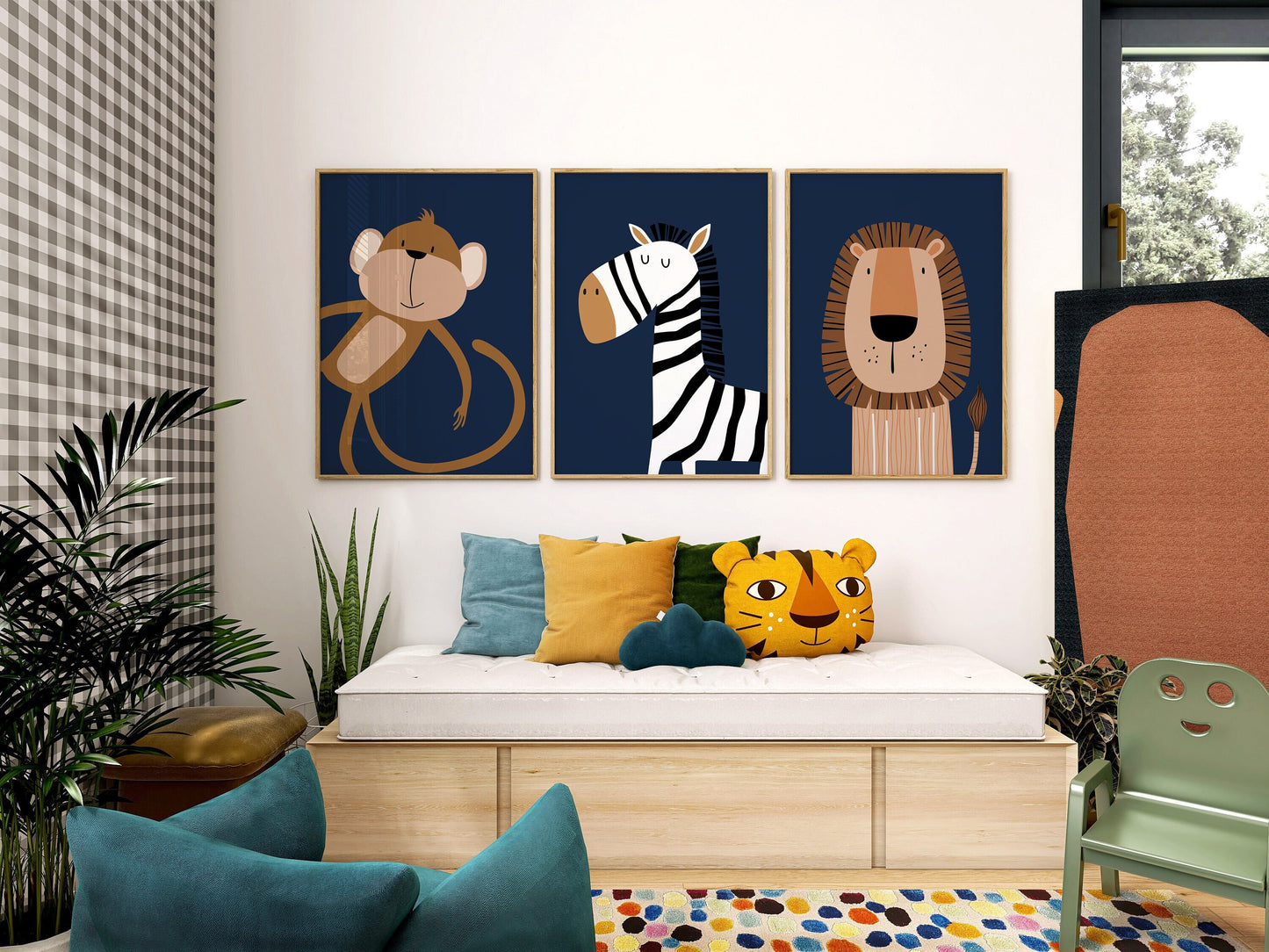 Set of 3 navy blue safari animal boys bedroom prints