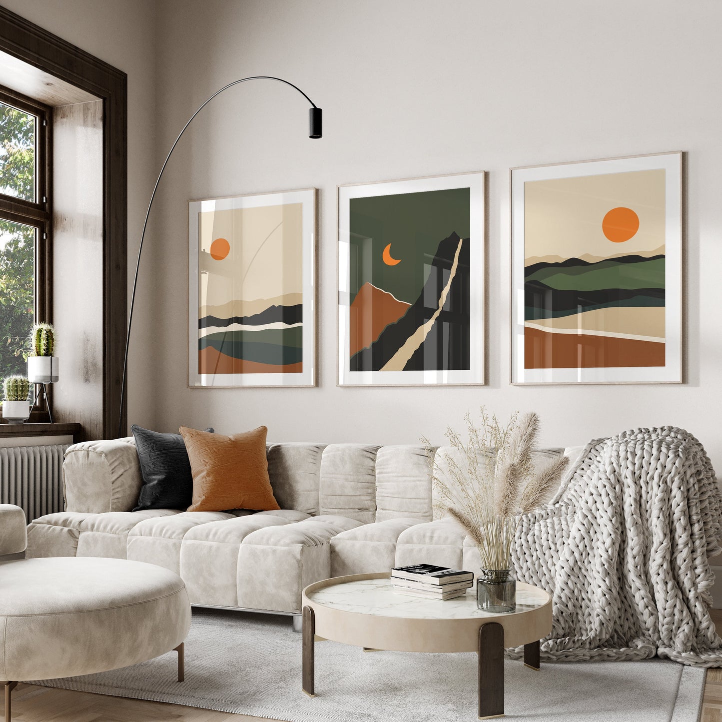 Set of 3 Green Boho Landscape Abstract Wall Prints