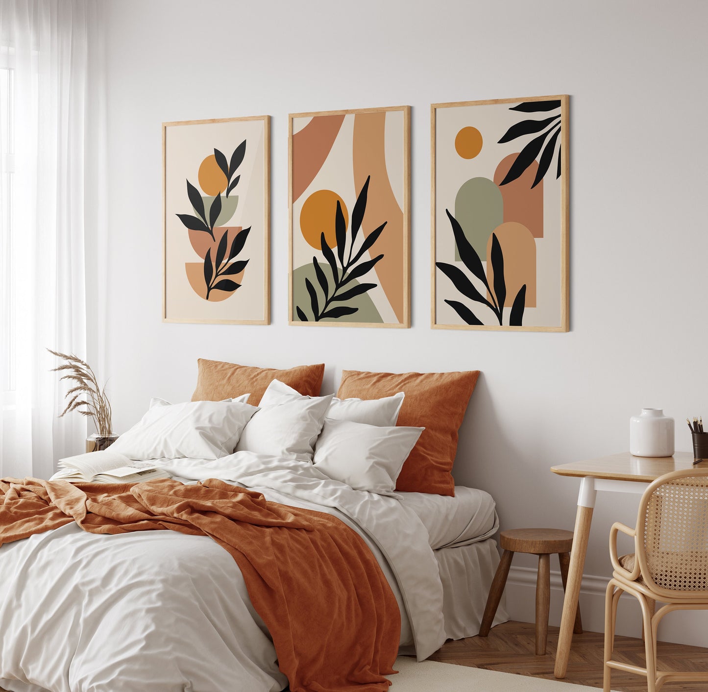 Set of 3 Orange & Green Boho Abstract Wall Art Prints