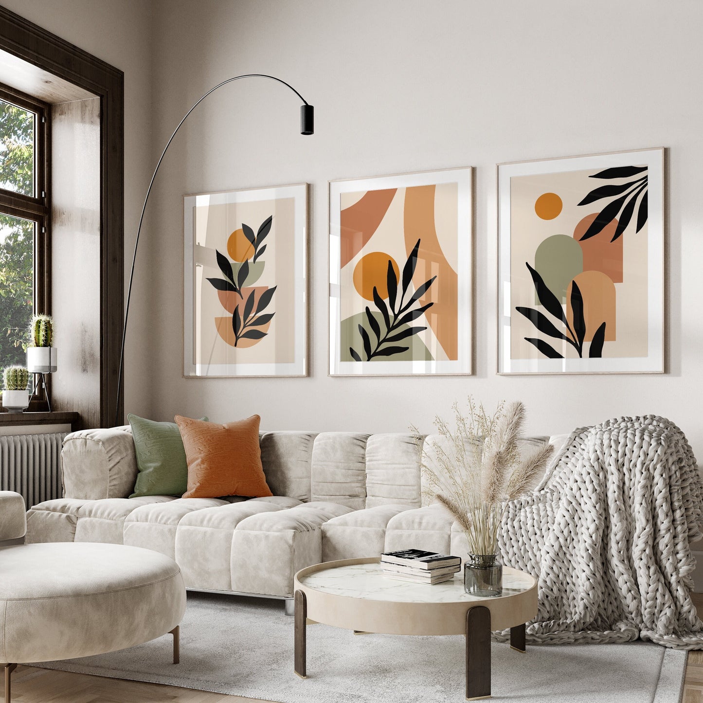 Set of 3 Orange & Green Boho Abstract Wall Art Prints