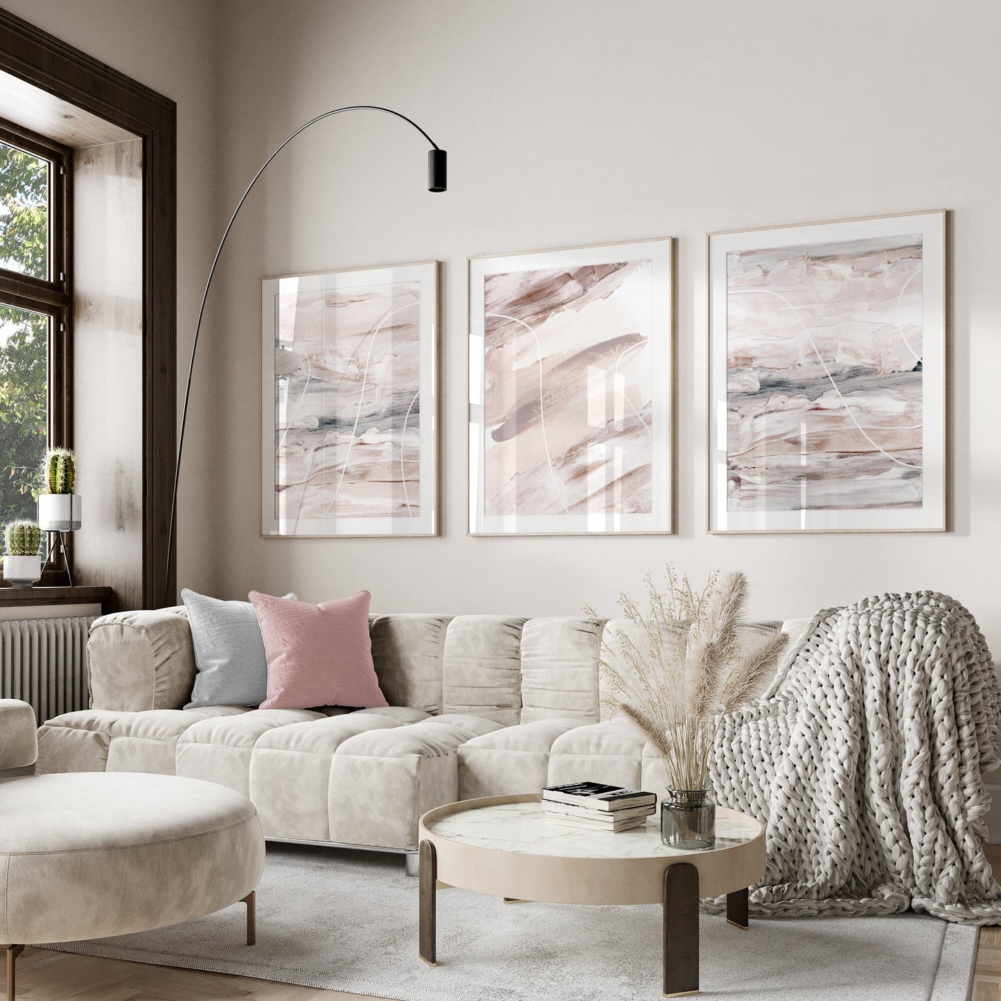 Set of 3 Pink & Grey Abstract Wall Art Prints