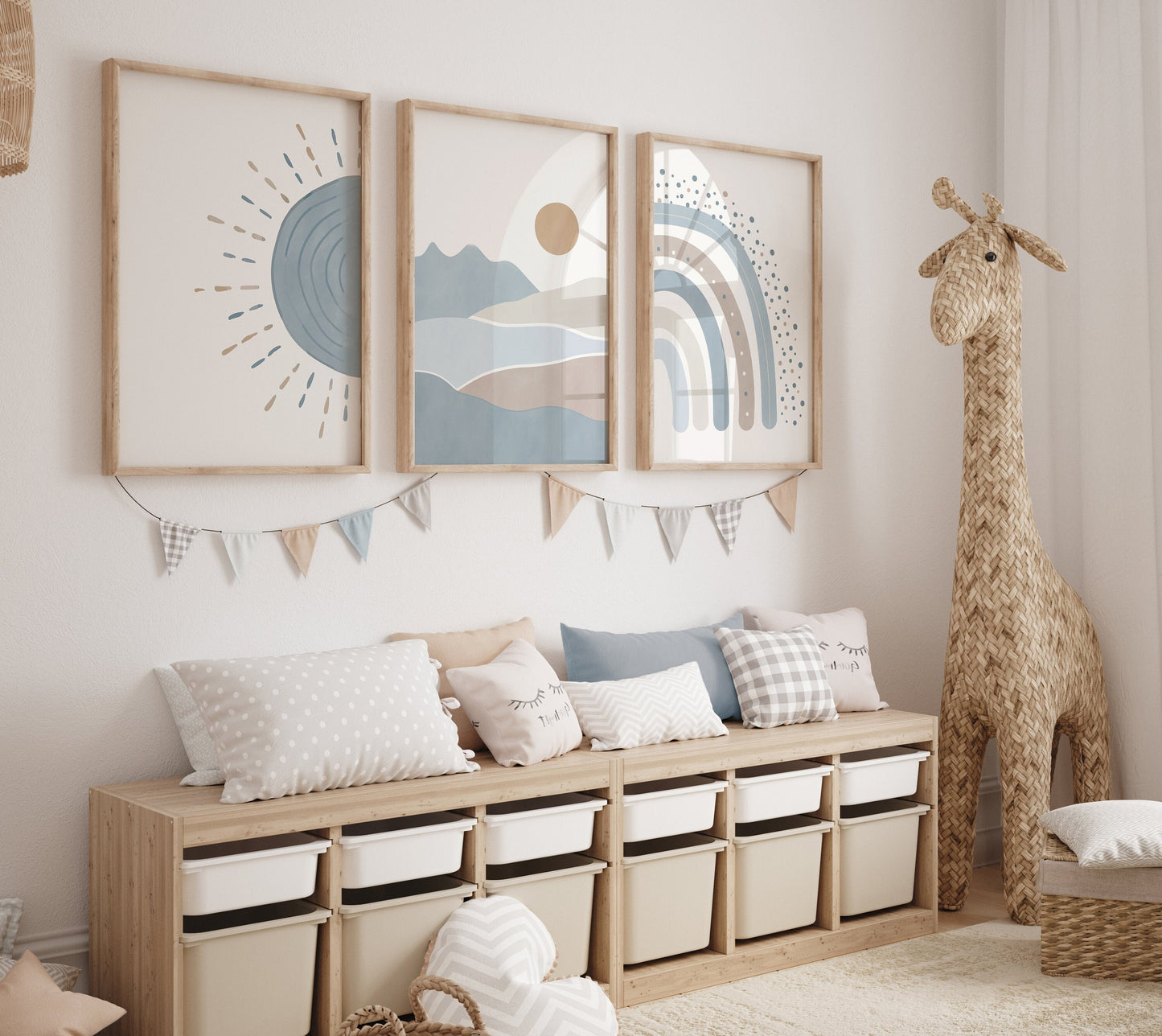 Set of 3 blue Boho Nursery Wall Prints