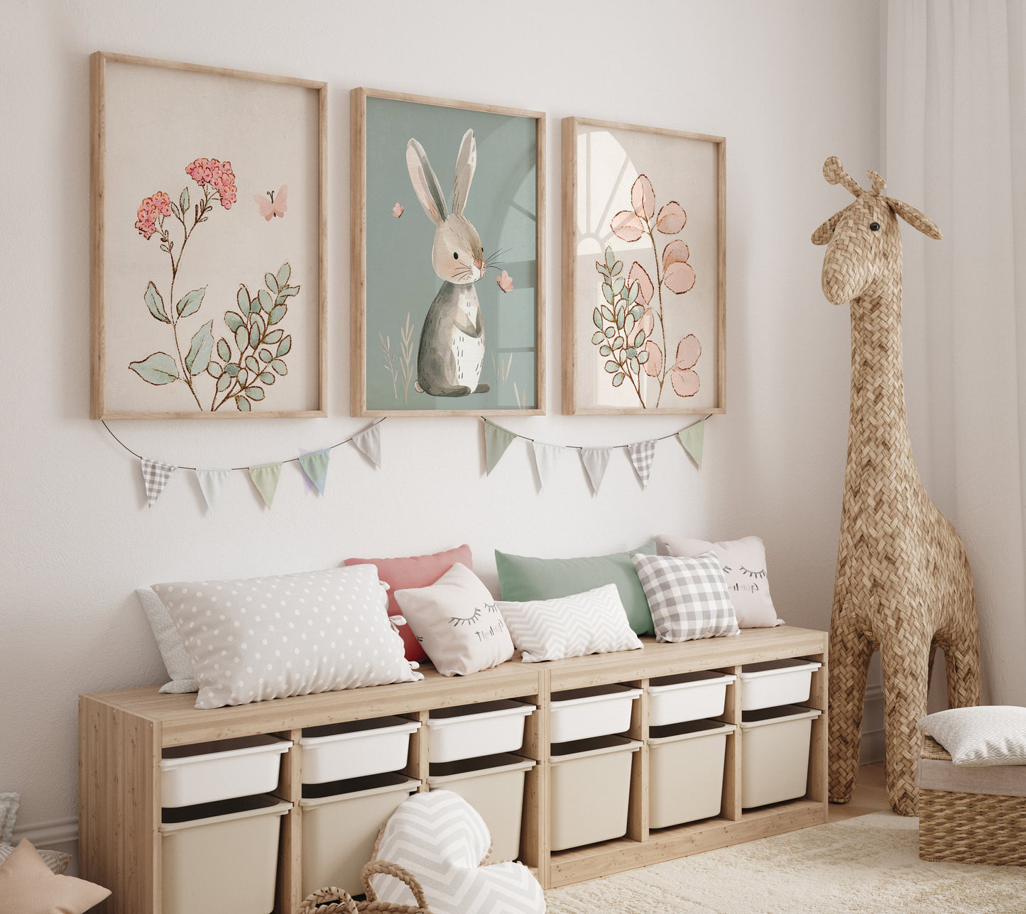 Set of 3 Sage Green Cute Bunny Nursery Prints