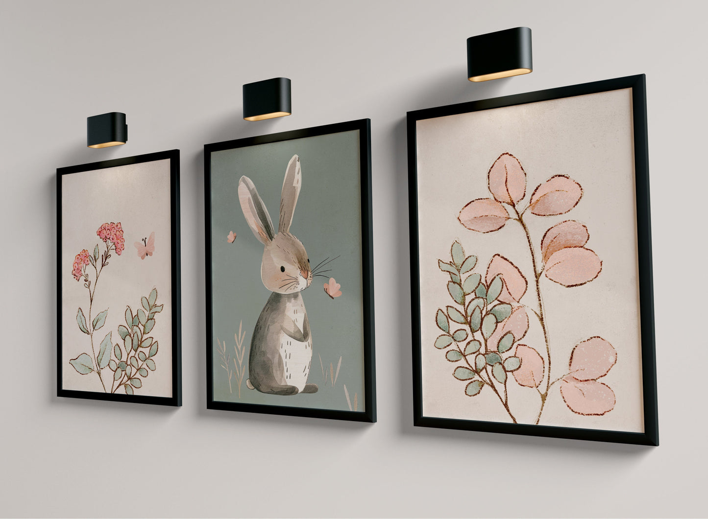 Set of 3 Sage Green Cute Bunny Nursery Prints