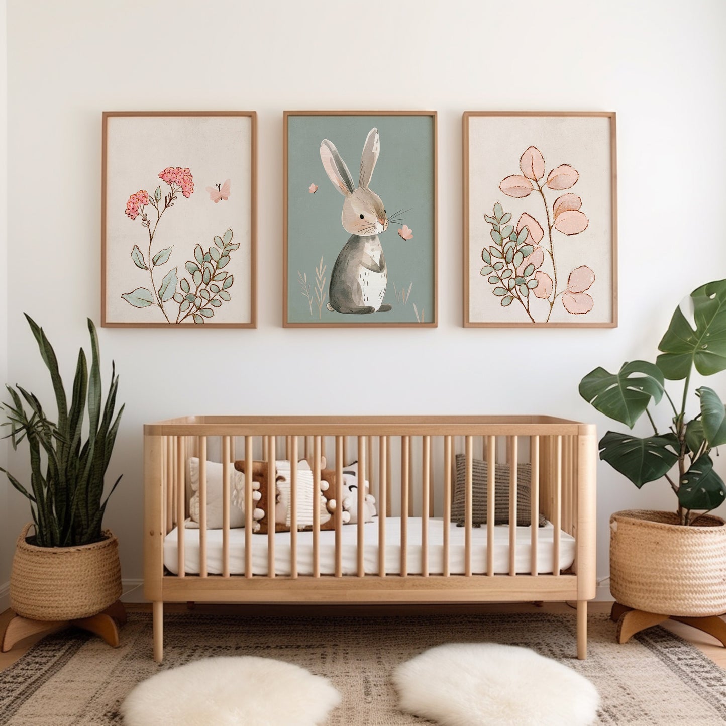 Set of 3 Sage Green Cute Bunny Nursery Prints