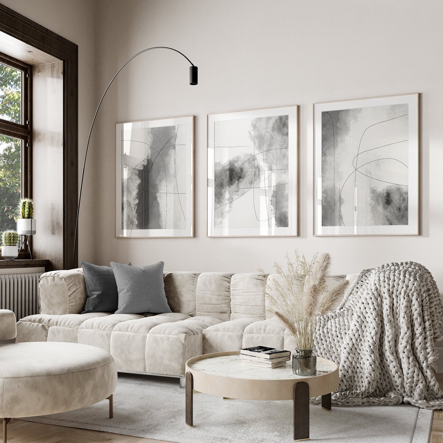 Set of 3 Modern Grey Abstract Wall Art