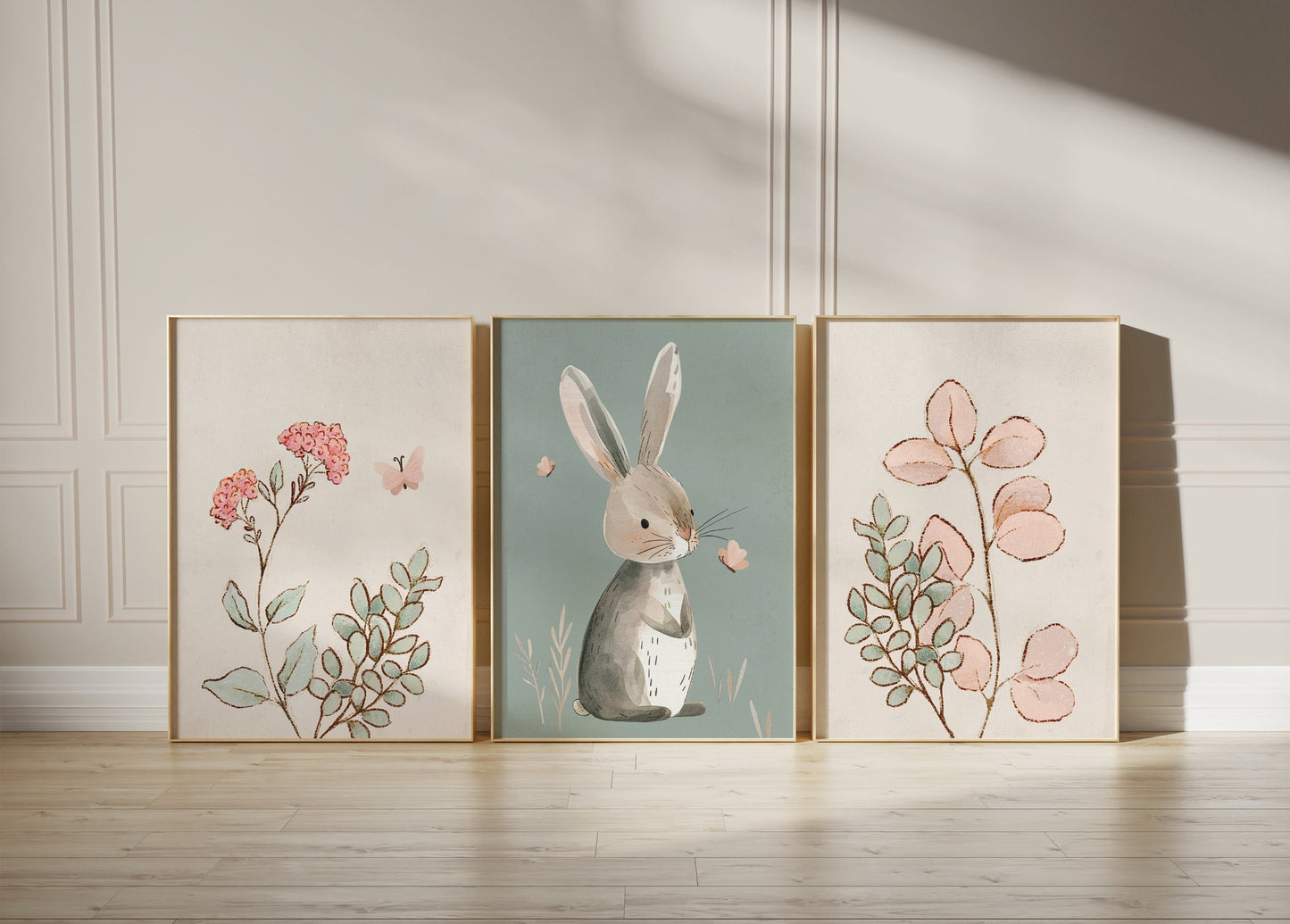 Set of 3 Sage Green Cute Bunny Nursery Prints