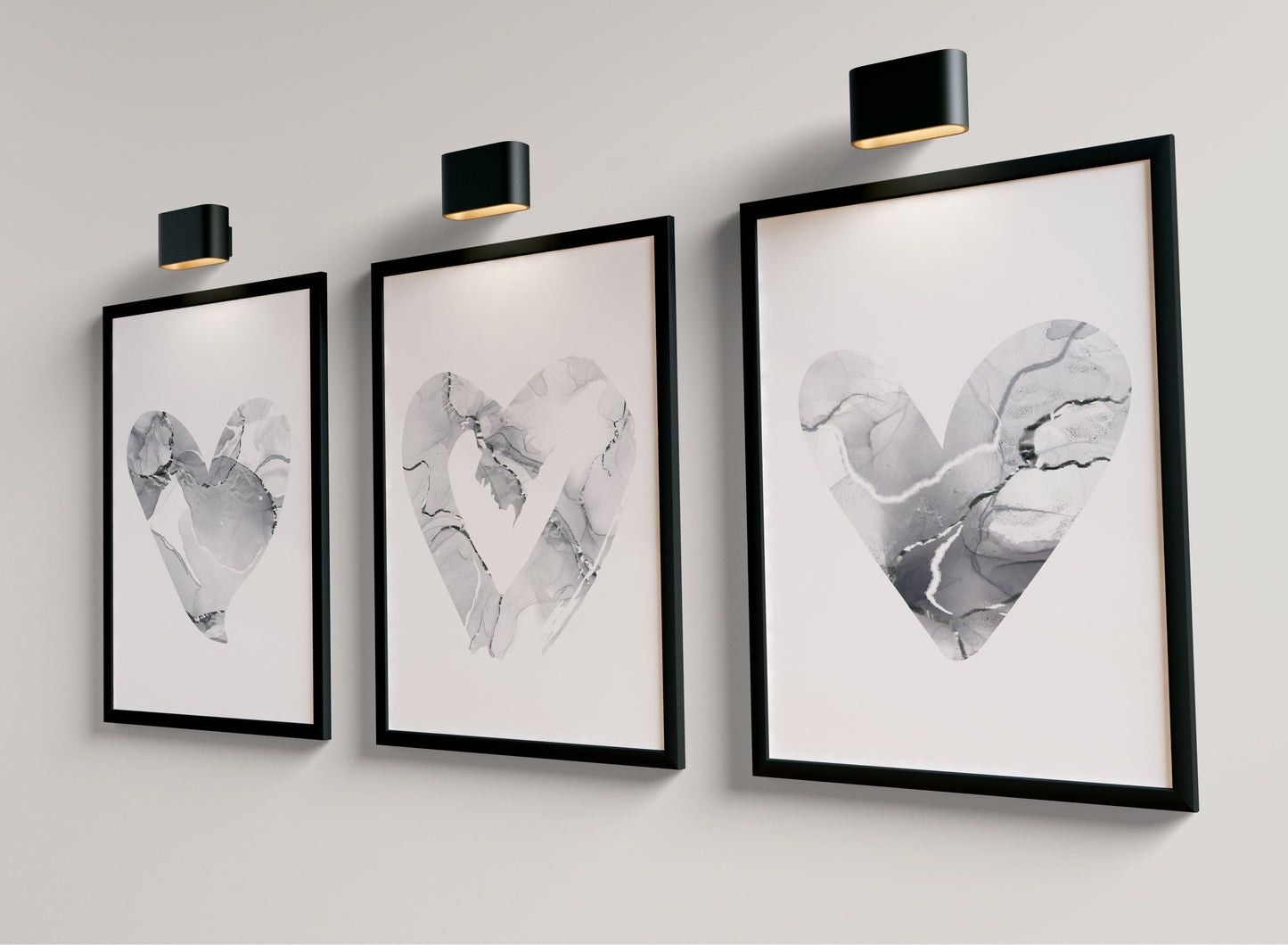 Set of 3 Grey & Silver Marble Heart Wall Prints