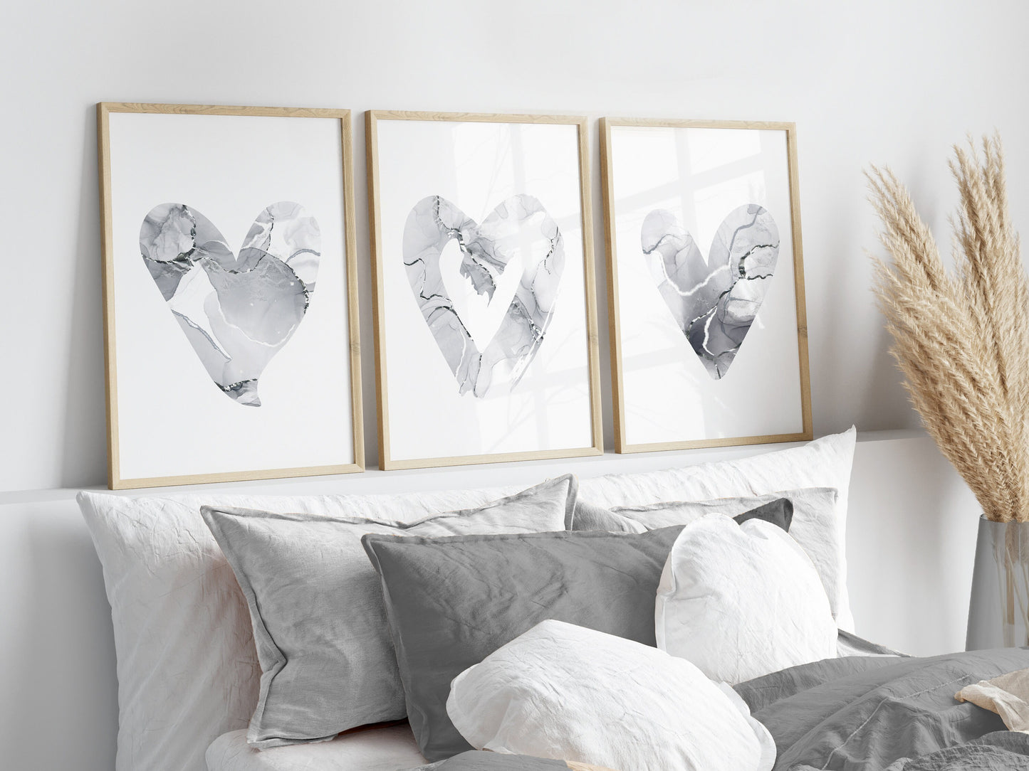 Set of 3 Grey & Silver Marble Heart Wall Prints