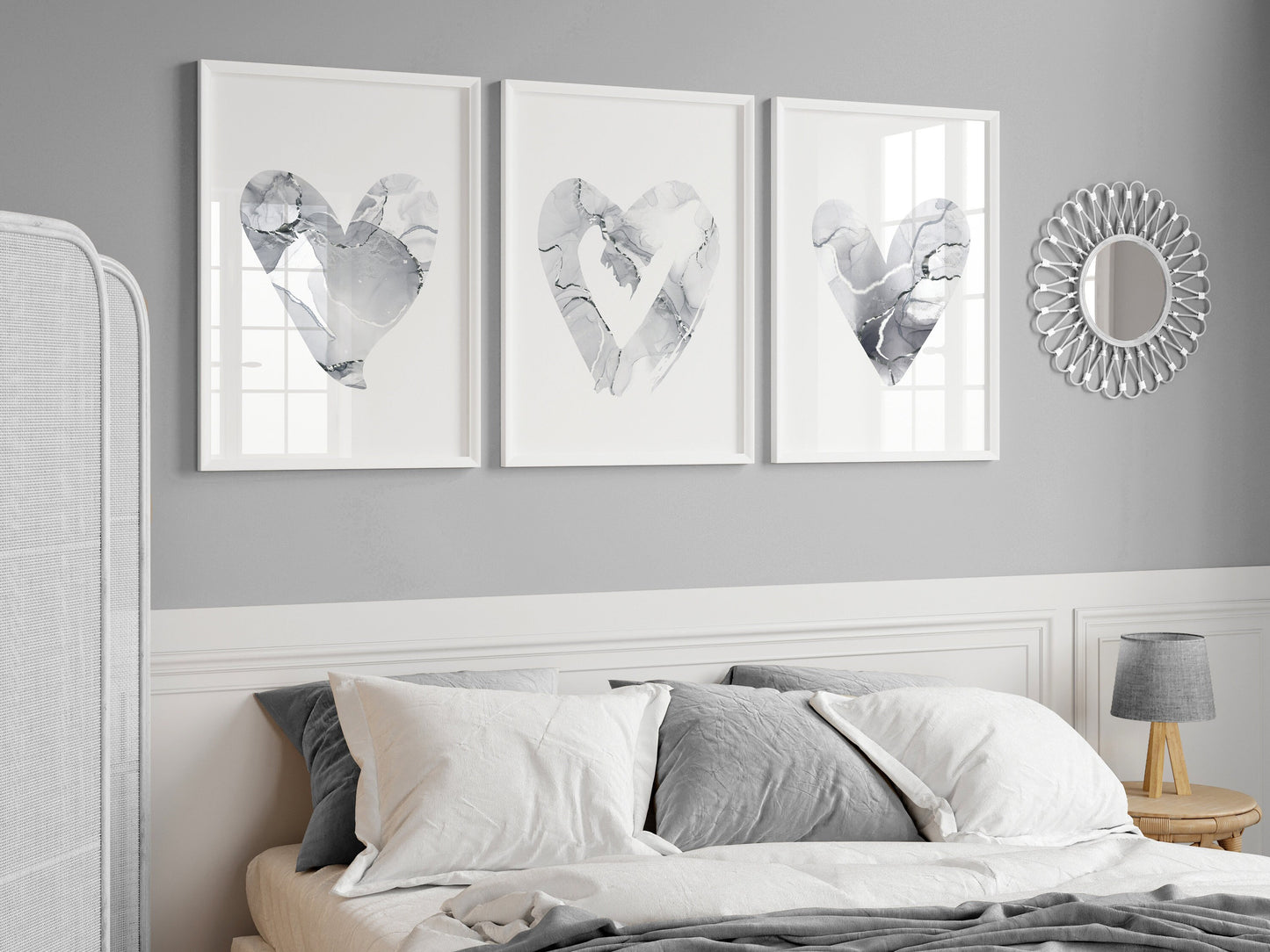 Set of 3 Grey & Silver Marble Heart Wall Prints