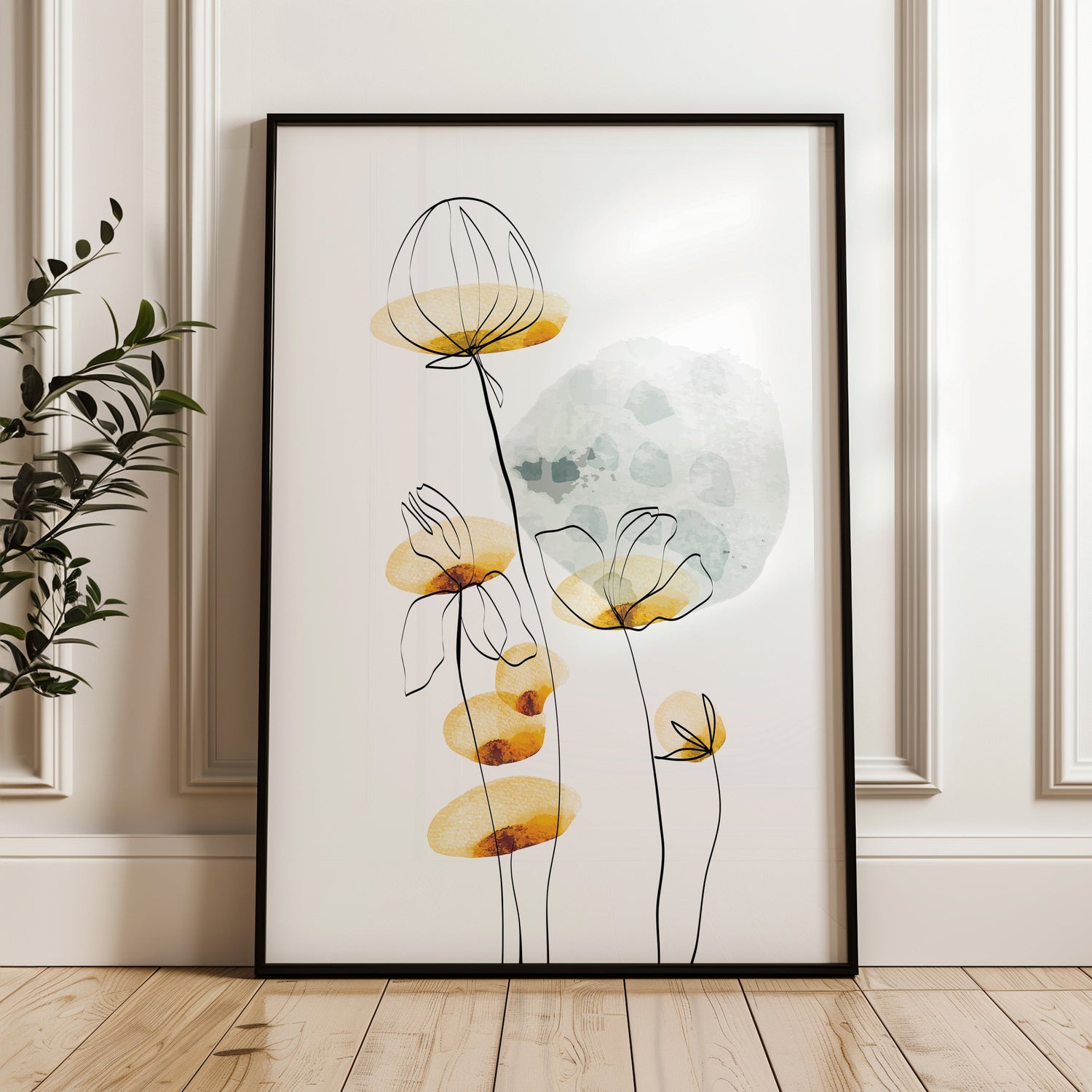 Ochre yellow kitchen print with quote "good food good mood" funky wall art