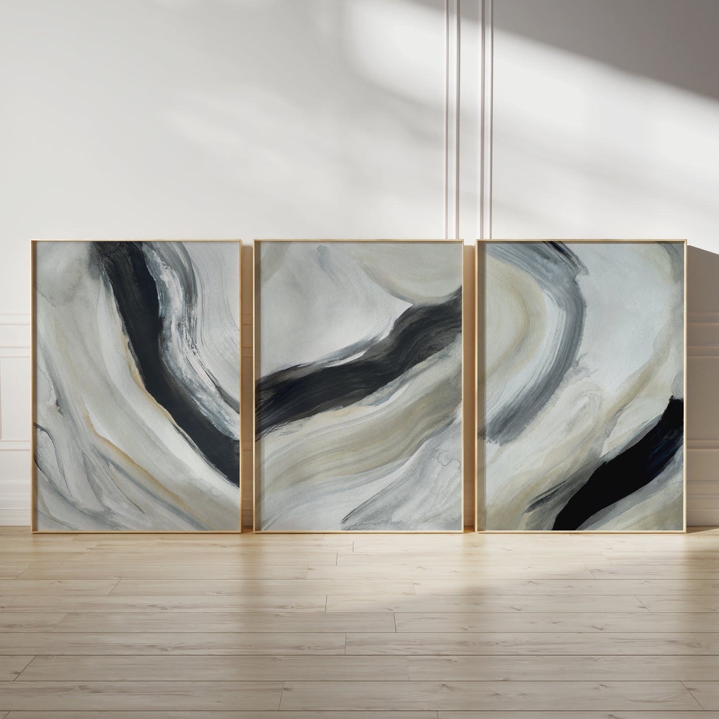 abstract art print, brush stokes in grey black and beige, set of 3 prints