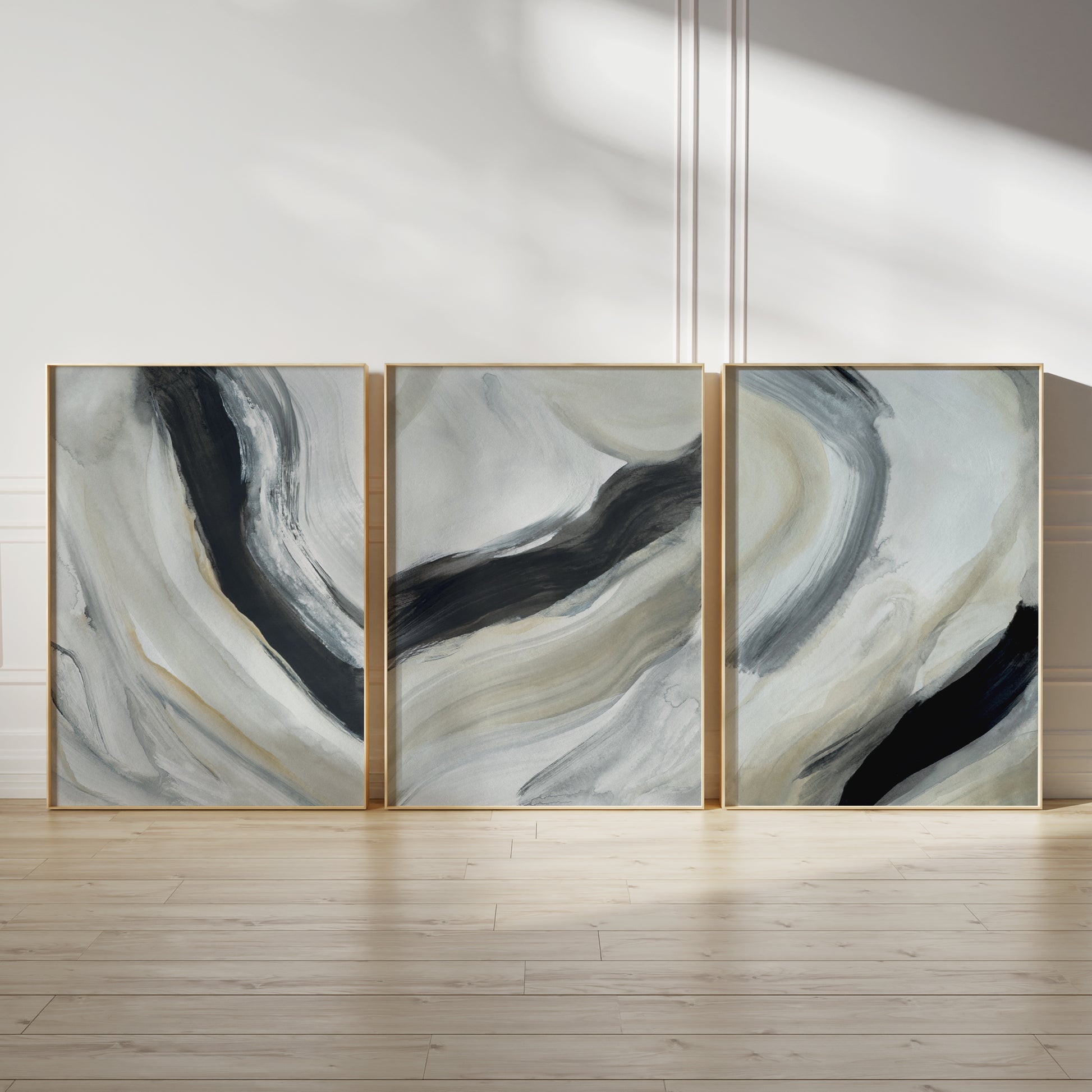 abstract art print, brush stokes in grey black and beige, set of 3 prints
