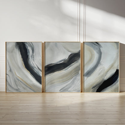 abstract art print, brush stokes in grey black and beige, set of 3 prints